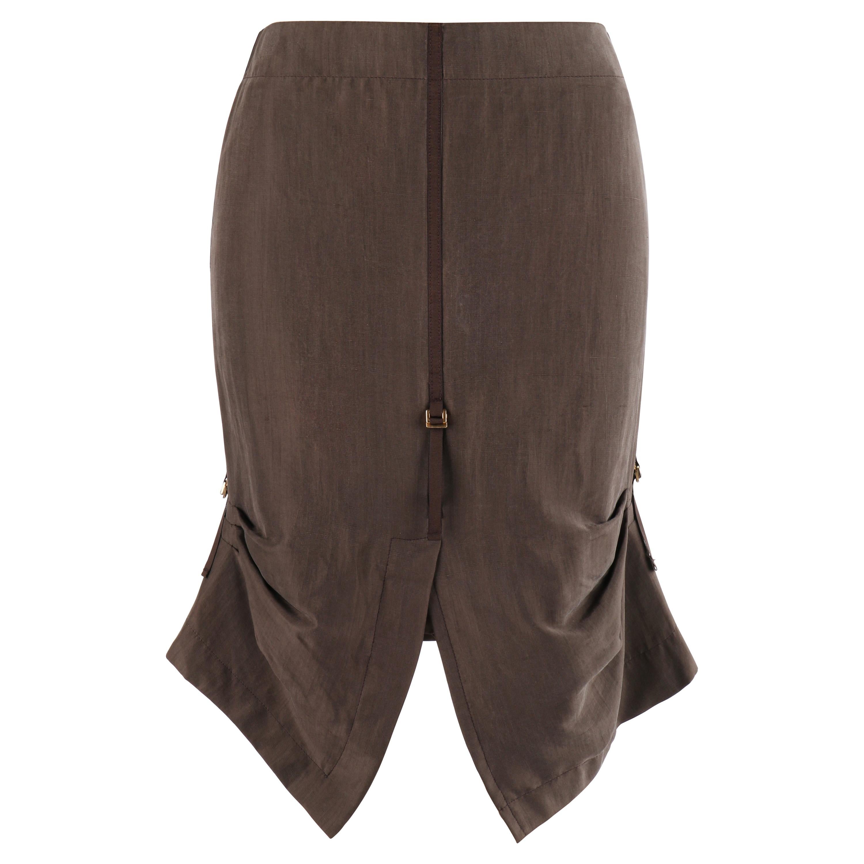 ALEXANDER McQUEEN S/S 1996 Brown Silk Horizontal Pleated Adjustable Pencil Skirt For Sale