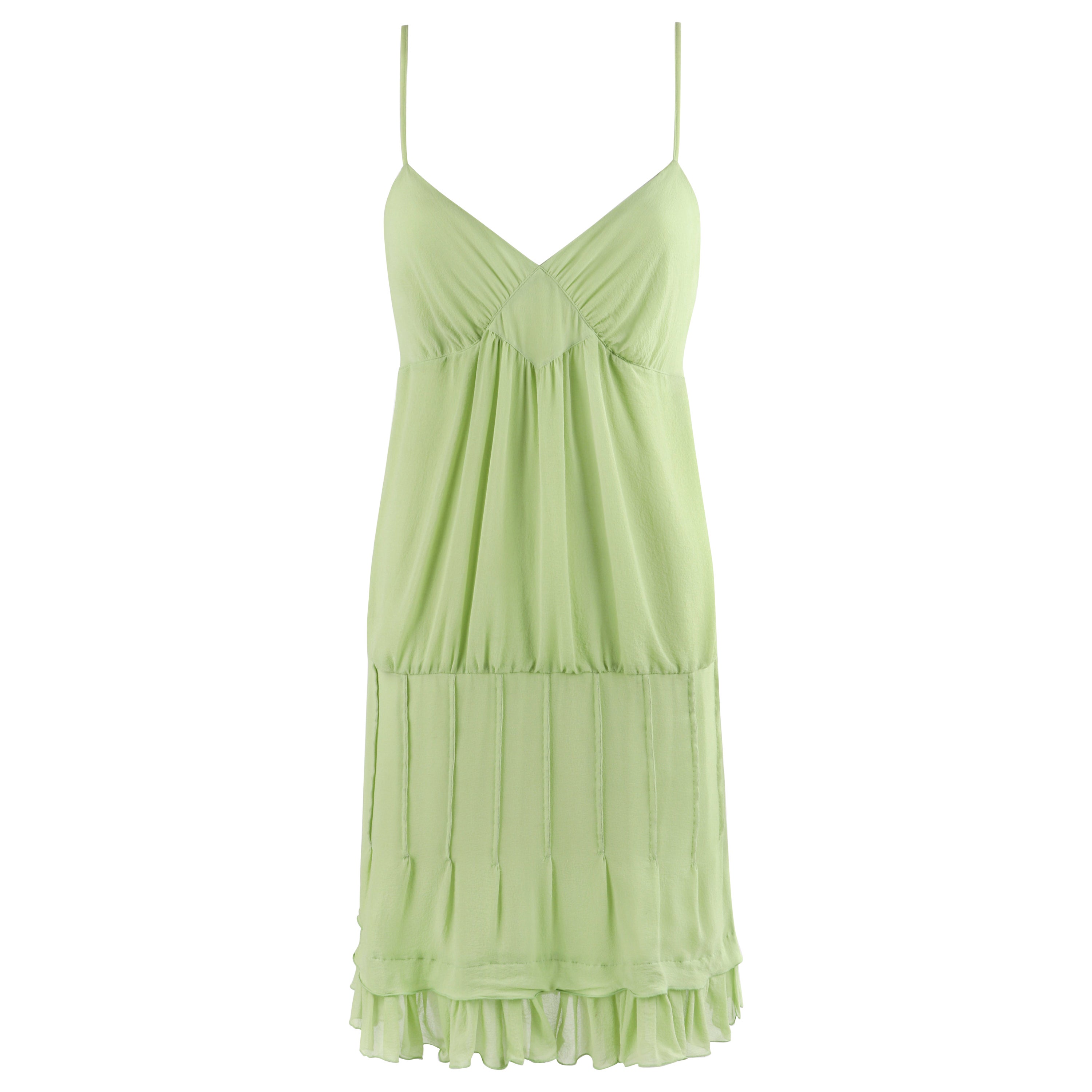 ALEXANDER MCQUEEN F/S 1996 Chartreuse gerafftes, gestuftes, plissiertes Sonnenkleid mit V-Ausschnitt