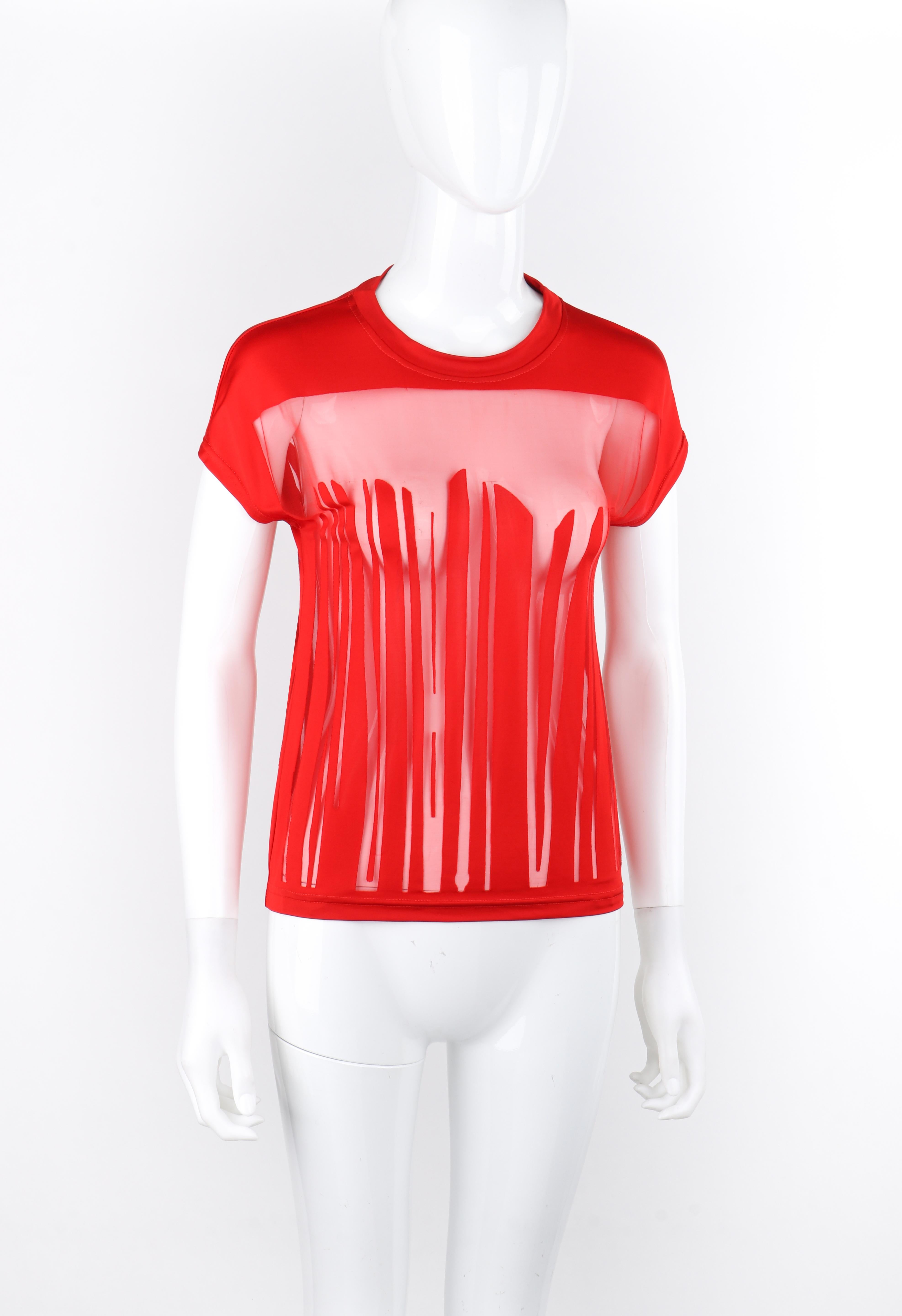 ALEXANDER McQUEEN S/S 1996 Red Semi Sheer Mesh Short Sleeve Shell Top In Good Condition For Sale In Thiensville, WI