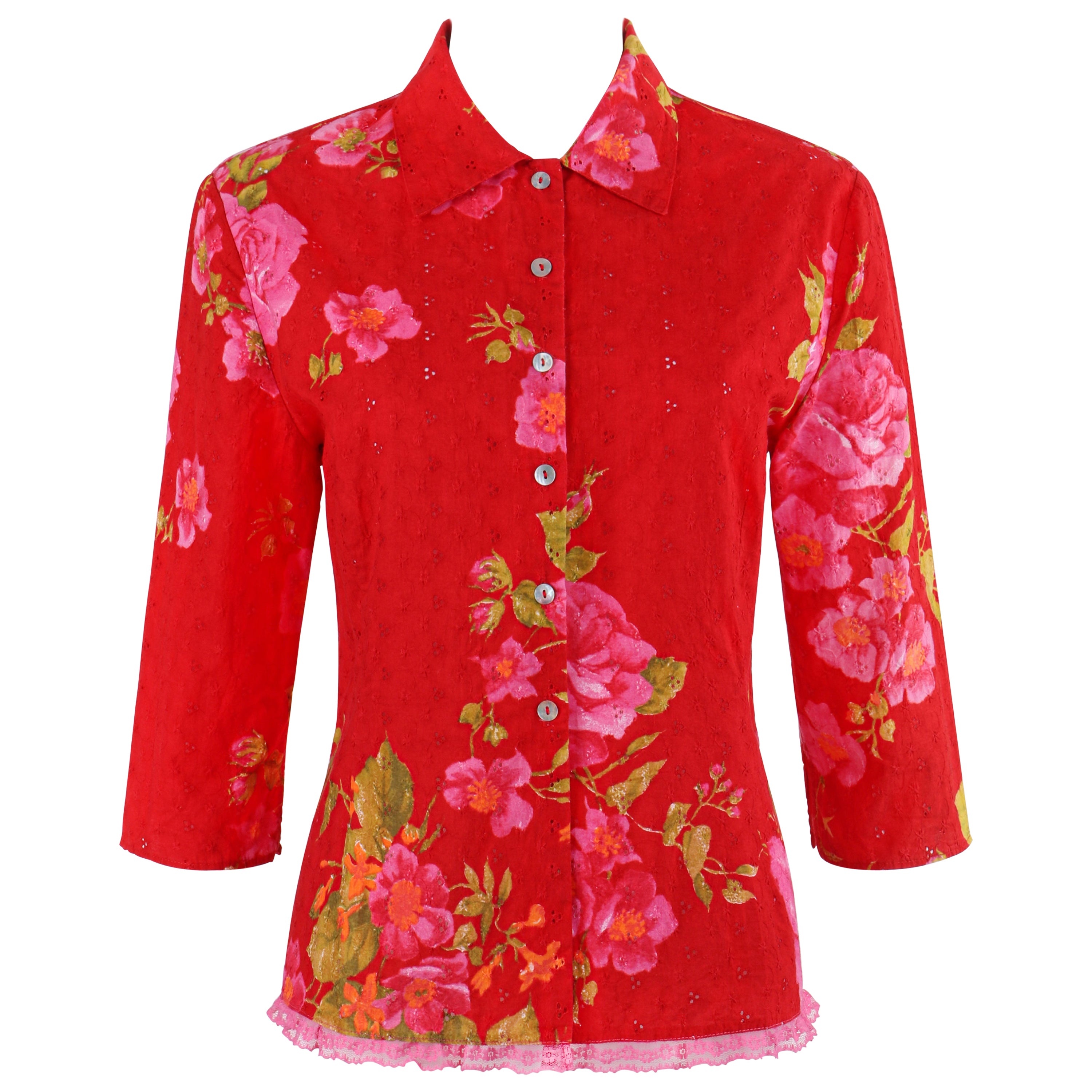 ALEXANDER McQUEEN S/S 1996 "The Hunger" Top abotonado con ojales florales rosa rojizo