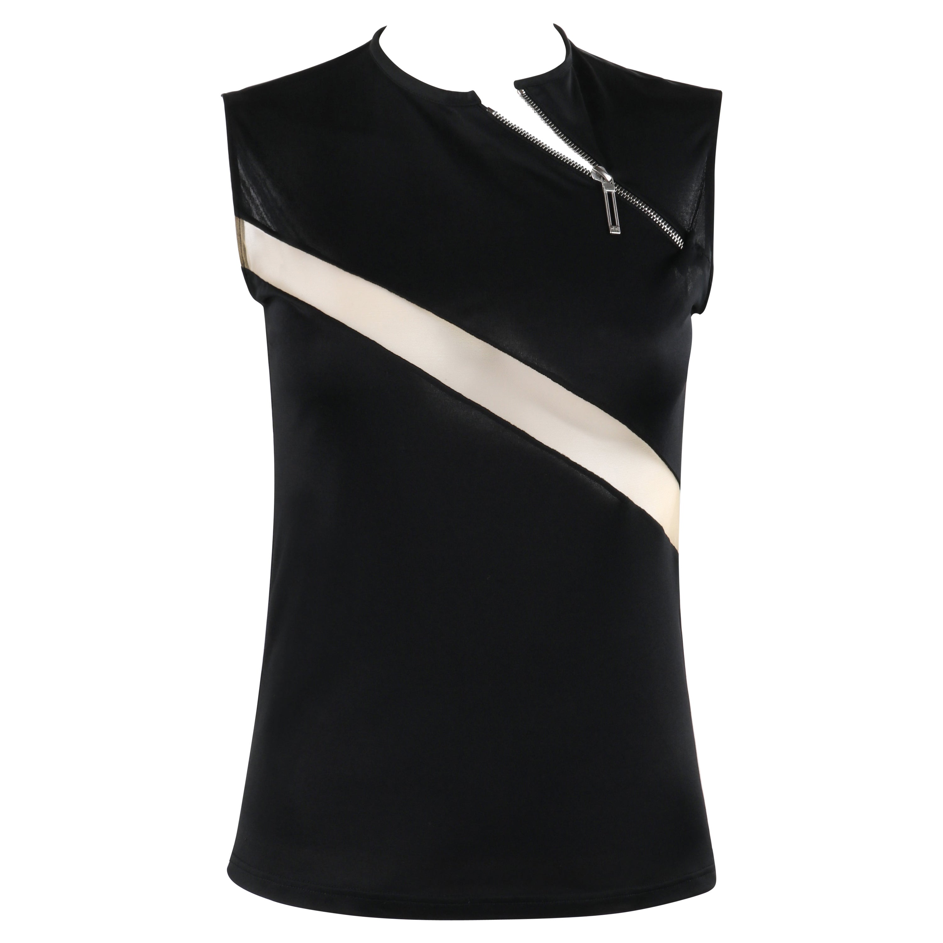 ALEXANDER McQUEEN S/S 1997 "La Poupée" Schwarz Tan Asymmetrisches Netz-Reißverschluss-Tanktop