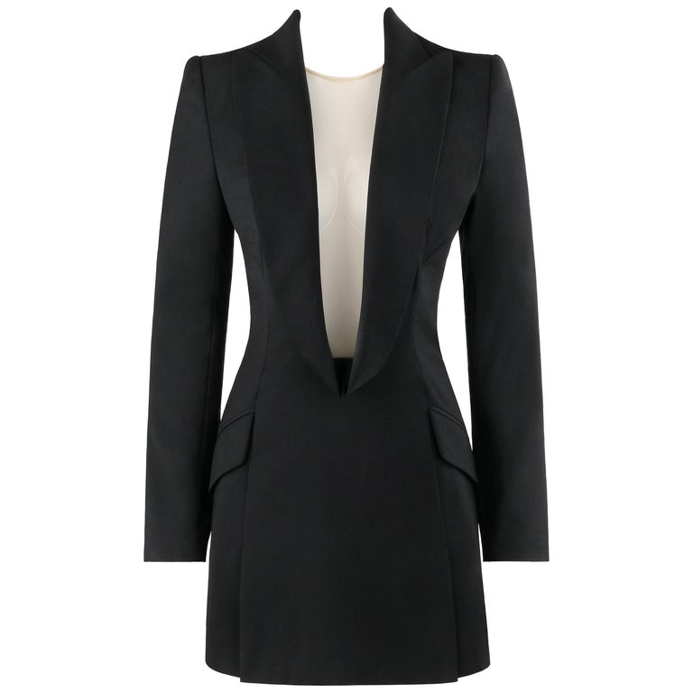 alexander mcqueen tuxedo mini dress Alexander Mcqueen Silk-trimmed Wool Mini Wrap Tuxedo Dress In Black