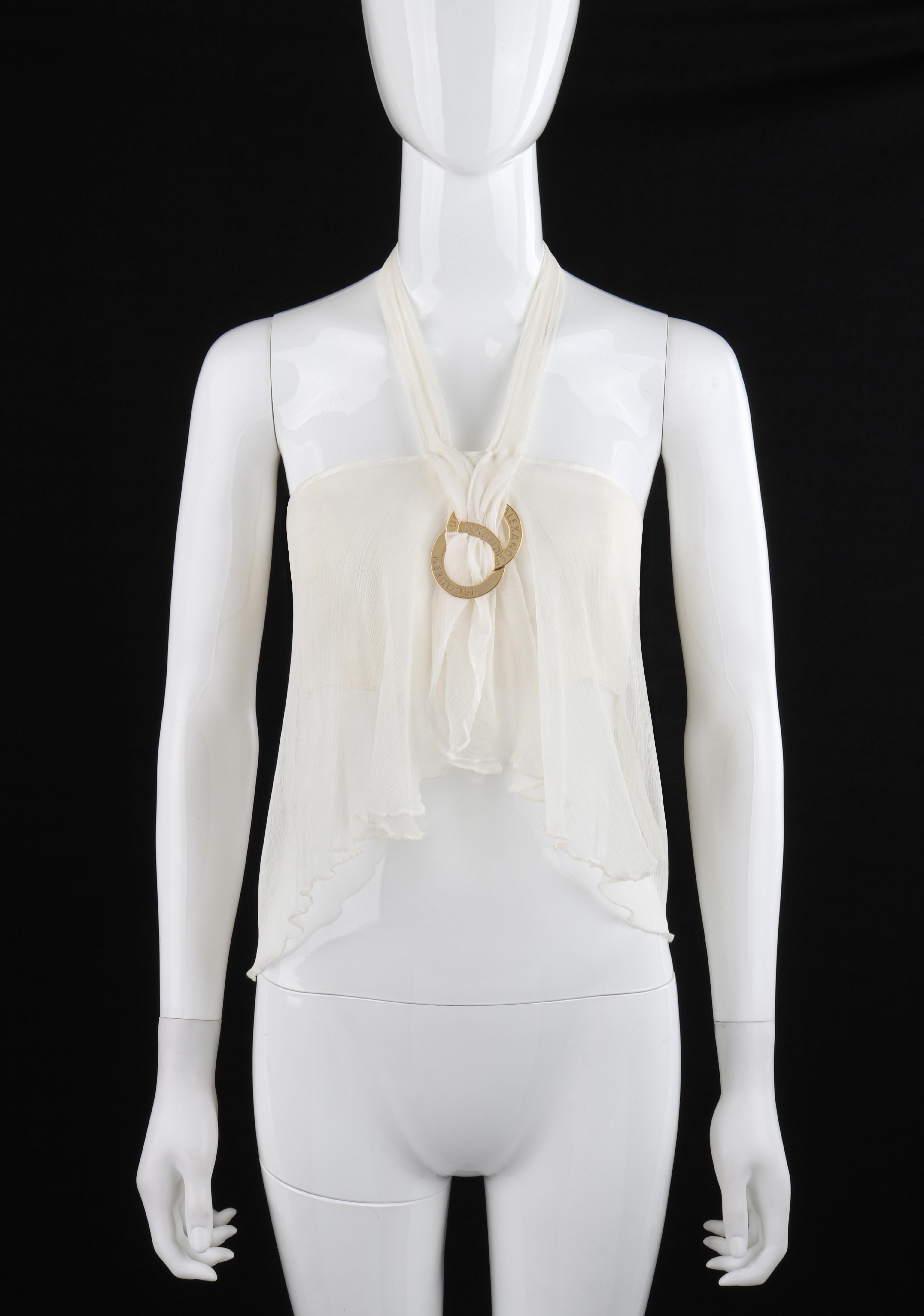 ALEXANDER McQUEEN S/S 1998 White Silk Chiffon Gold Hardware Halter Neck Tank Top NWT
 
Brand / Manufacturer: Alexander McQueen
Collection: S/S 1998 
Style: Halter neck tank top
Color(s): Shades of white and gold
Lined: Yes
Marked Fabric Content: