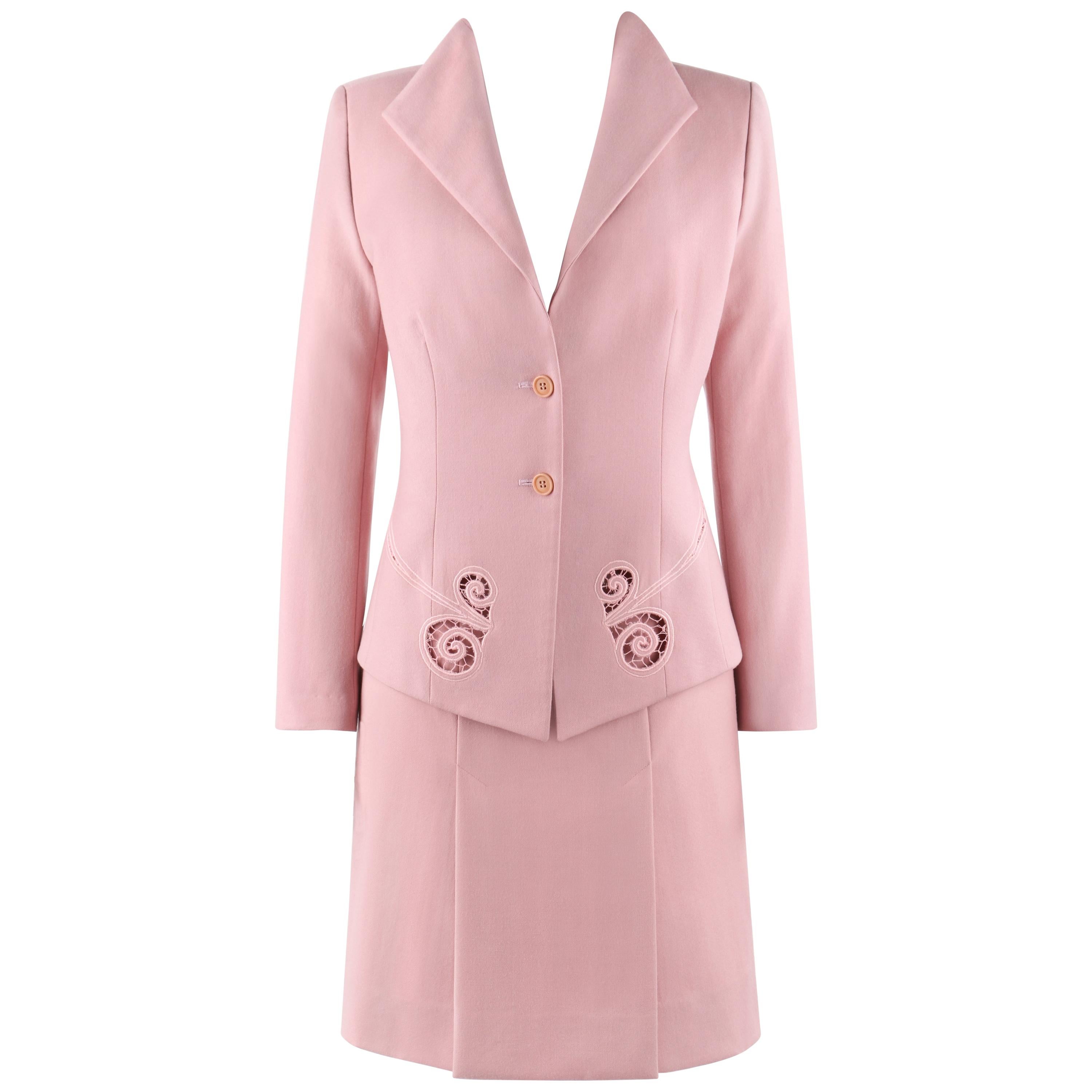 ALEXANDER McQUEEN S/S 1999 "No. 13" 2 Pc Pink Cut Work Blazer Skirt Suit Set For Sale