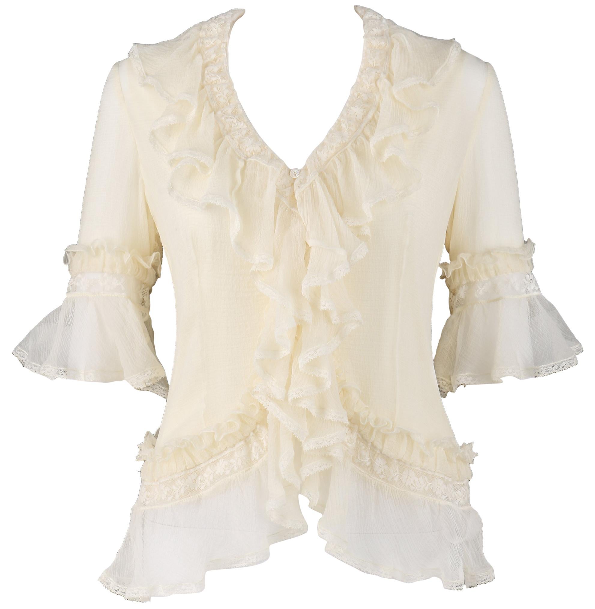 ALEXANDER McQUEEN S/S 1999 ""No. 13" Chemisier à volants en mousseline de soie froissée à l'avant avec débardeur