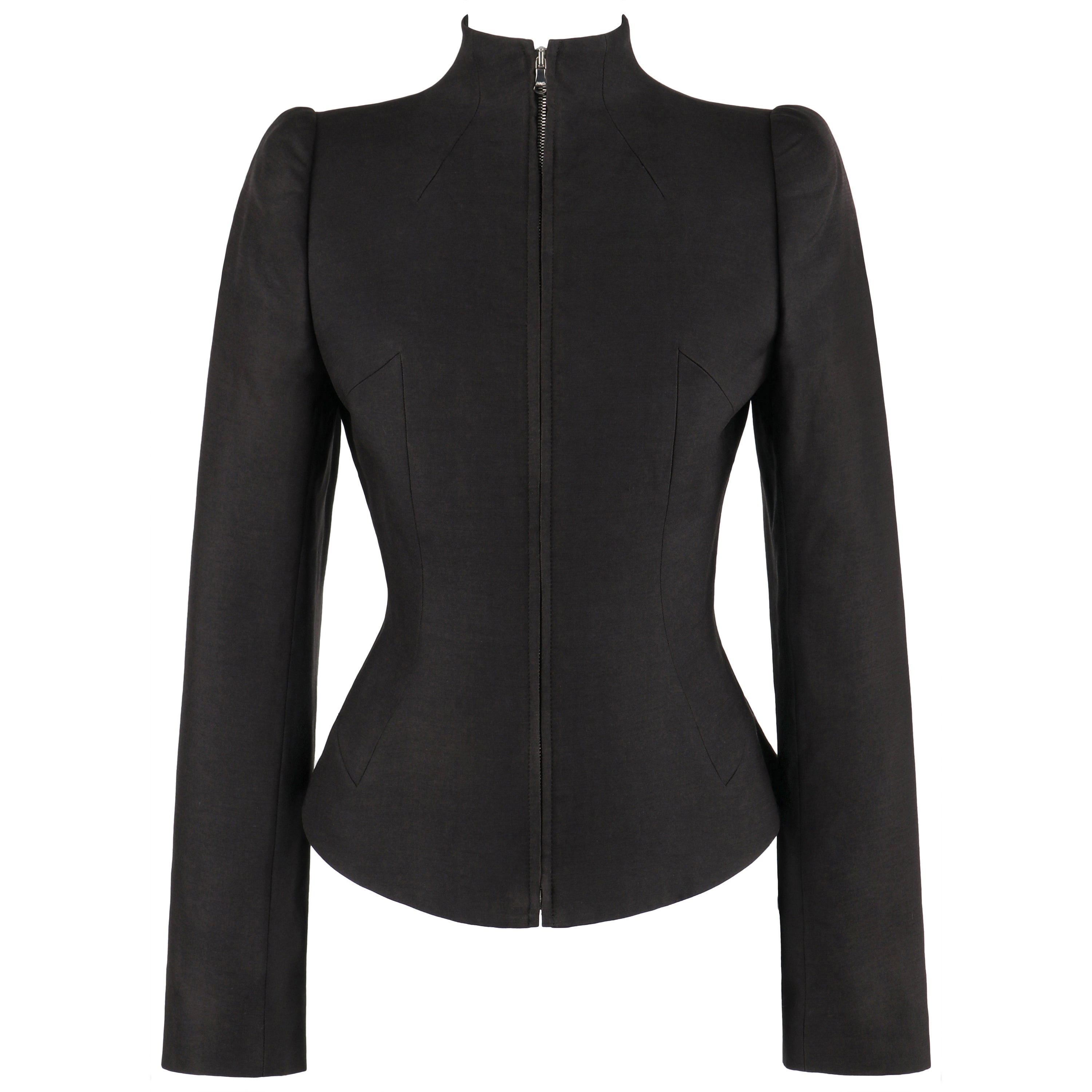 ALEXANDER McQUEEN S/S 2000 "Ojo" Chaqueta ajustada de lana y seda con cremallera y cuello alto marrón
