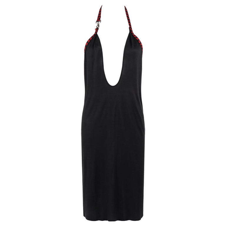 ALEXANDER McQUEEN S/S 2000 "Eye" Red Black Silk Halter Strap Plunge Back  Dress