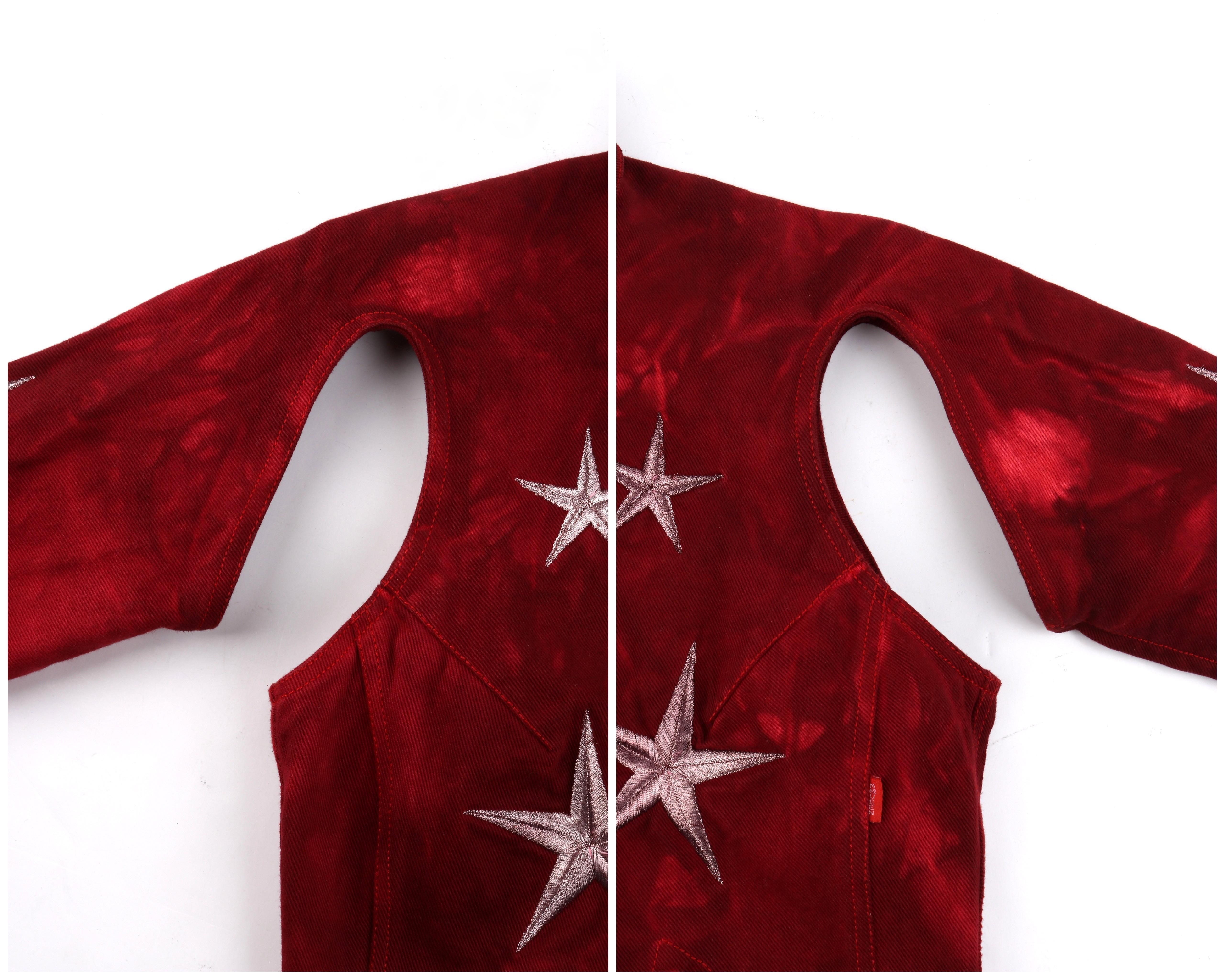 Red ALEXANDER McQUEEN S/S 2000 “Eye” Star Embroidered Aesthetic Denim Cutout Jacket For Sale