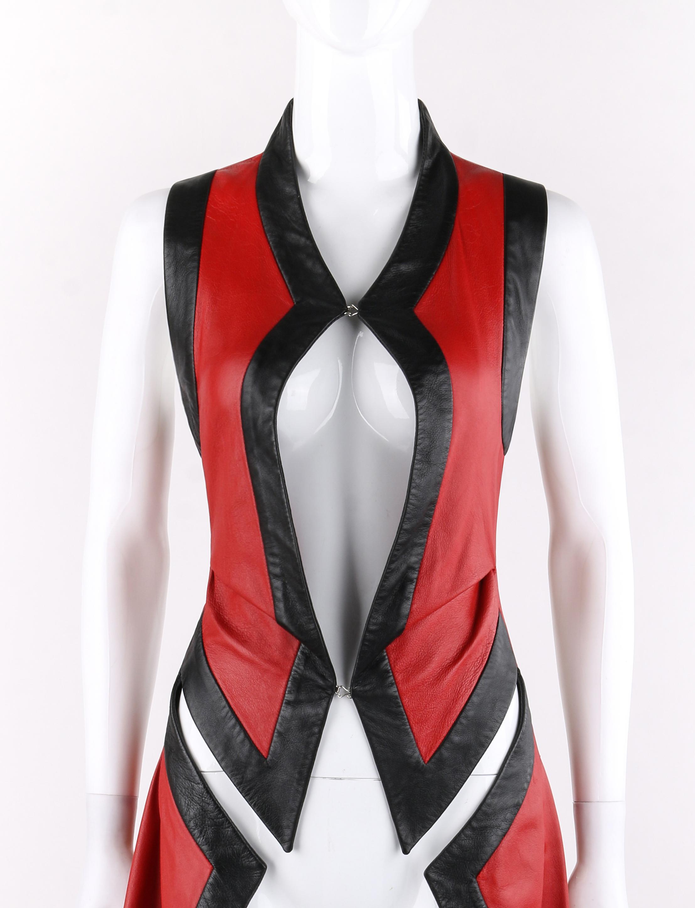 ALEXANDER McQUEEN S/S 2000 “Eye” Runway Red Black Leather Cut Out Vest Jacket 
 
Brand / Manufacturer: Alexander McQueen 
Collection: Spring / Summer 2000 “Eye” Runway look #50
Style: Vest, jacket
Color(s): Shades of red and black. 
Lined: Yes     