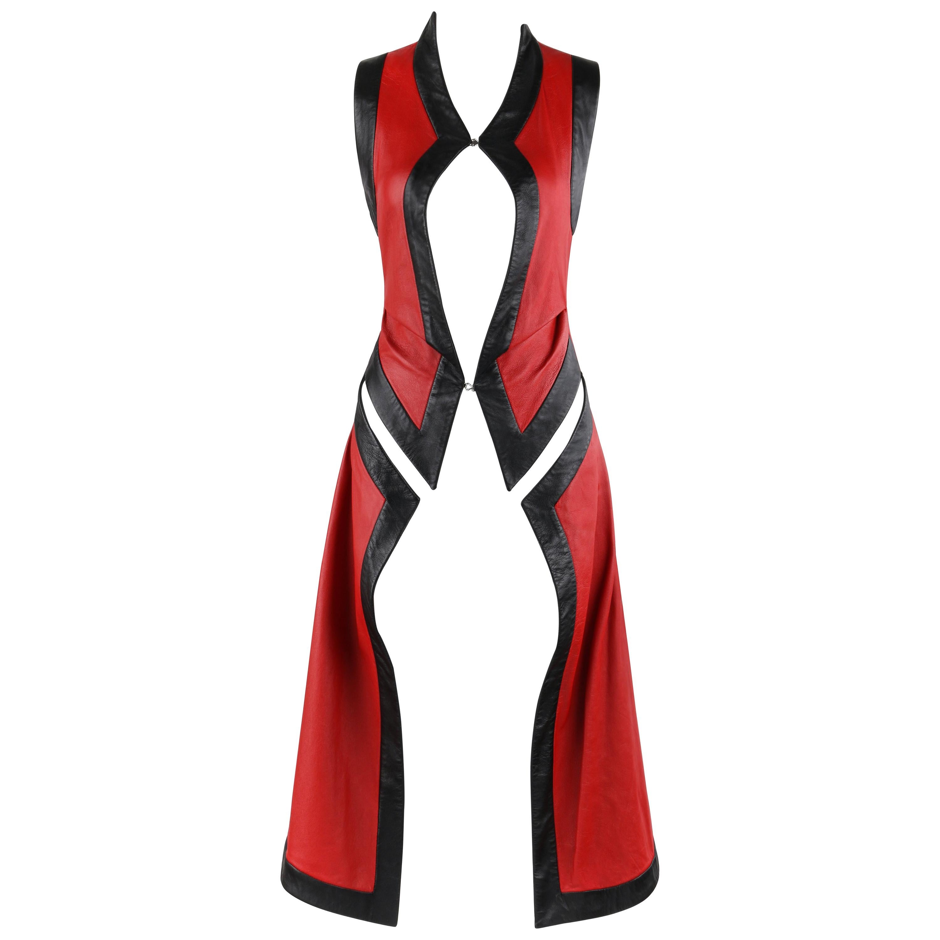 ALEXANDER McQUEEN S/S 2000 “Eye” Runway Red Black Leather Cut Out Vest Jacket For Sale