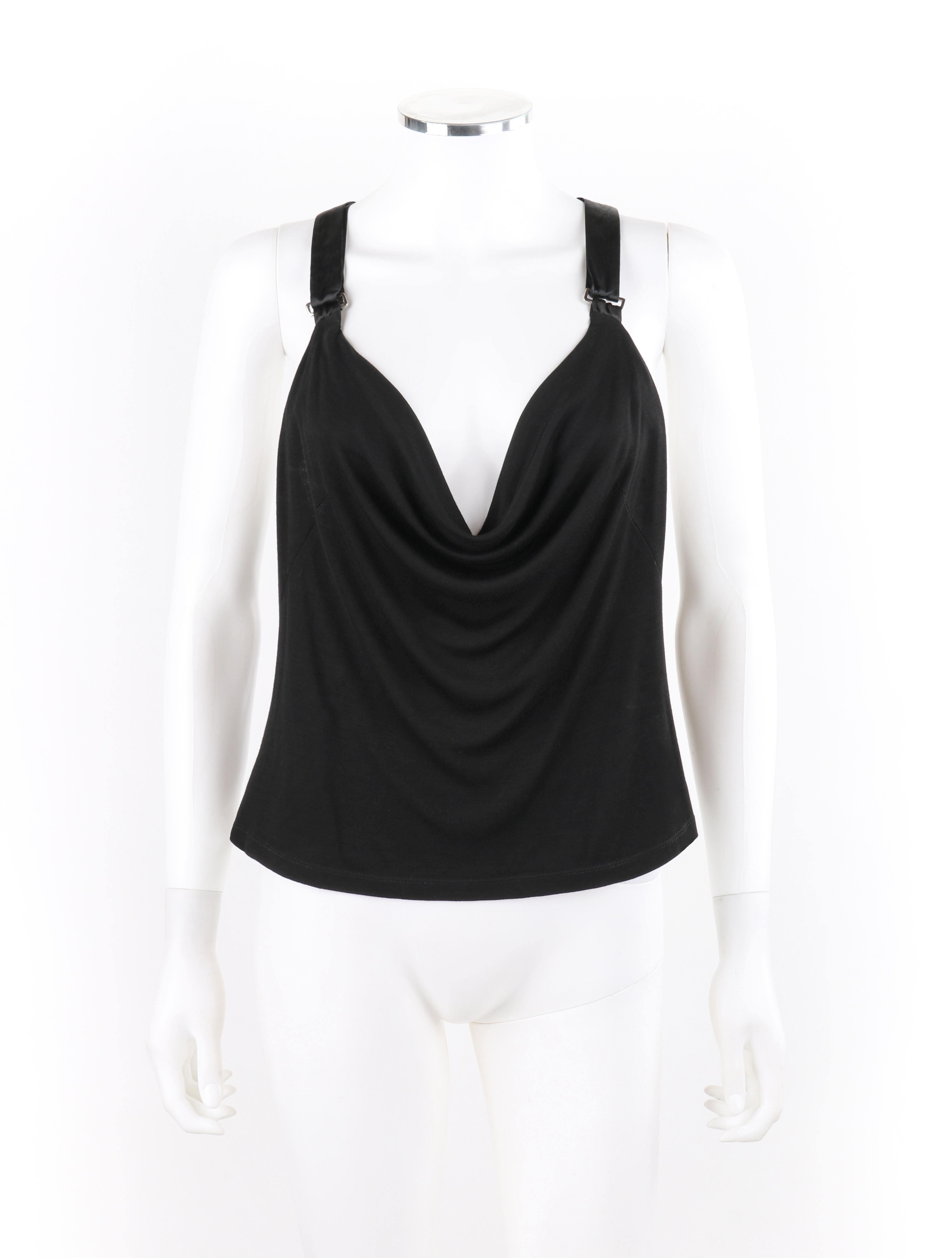 ALEXANDER McQUEEN S/S 2000 Knit Black Cowl Neck Satin Suspender Strap Tank Top
 
Brand / Manufacturer: Alexander McQueen
Collection: S/S 2000
Style: Tank top
Color(s): Shades of black and silver
Lined: No
Unmarked Fabric Content (feel of): Polyester