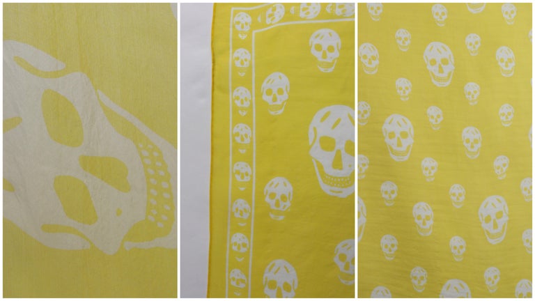 ALEXANDER McQUEEN S/S 2003 Classic Yellow White Skull Print Silk Square Scarf For Sale 4