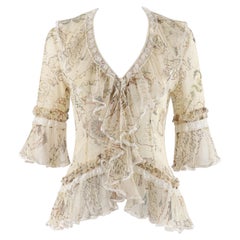 ALEXANDER McQUEEN S/S 2003 "Irene" Treasure Map Print Jabot Ruffle Blouse Top