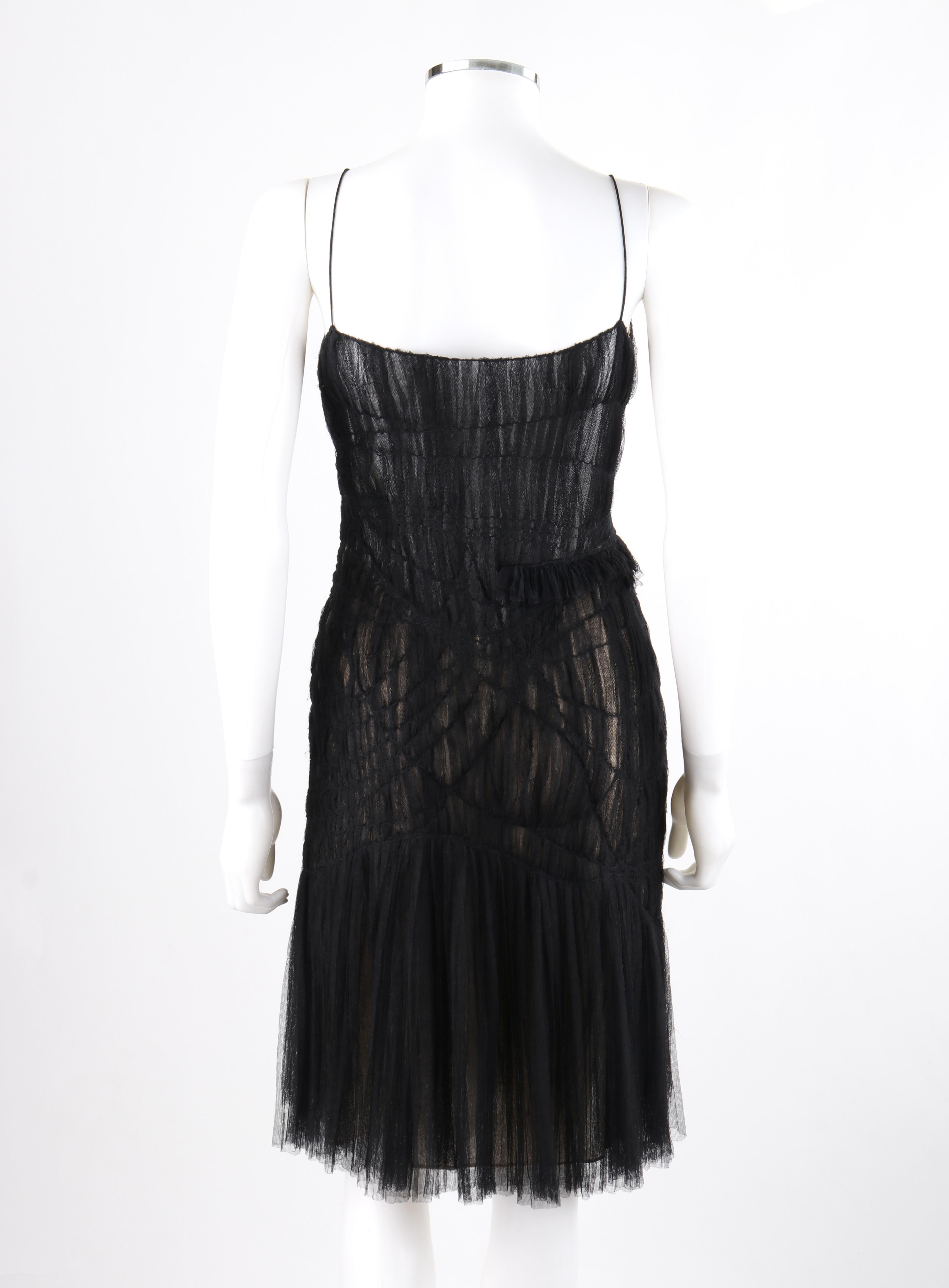 ALEXANDER McQUEEN S/S 2003 “Irere” Black Gathered Layer Tulle Mesh V Neck Dress In Good Condition For Sale In Thiensville, WI