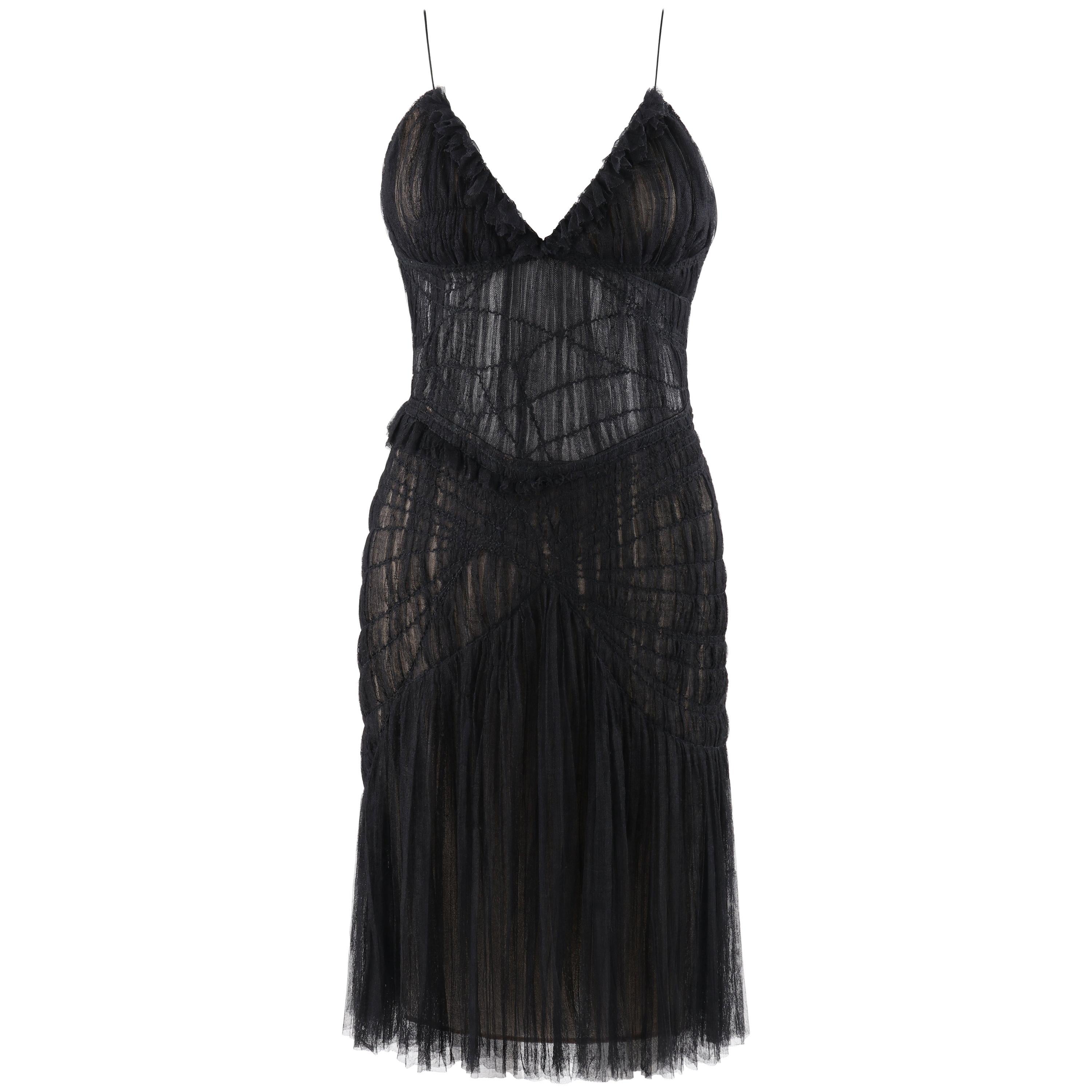 ALEXANDER McQUEEN S/S 2003 “Irere” Black Gathered Layer Tulle Mesh V Neck Dress For Sale