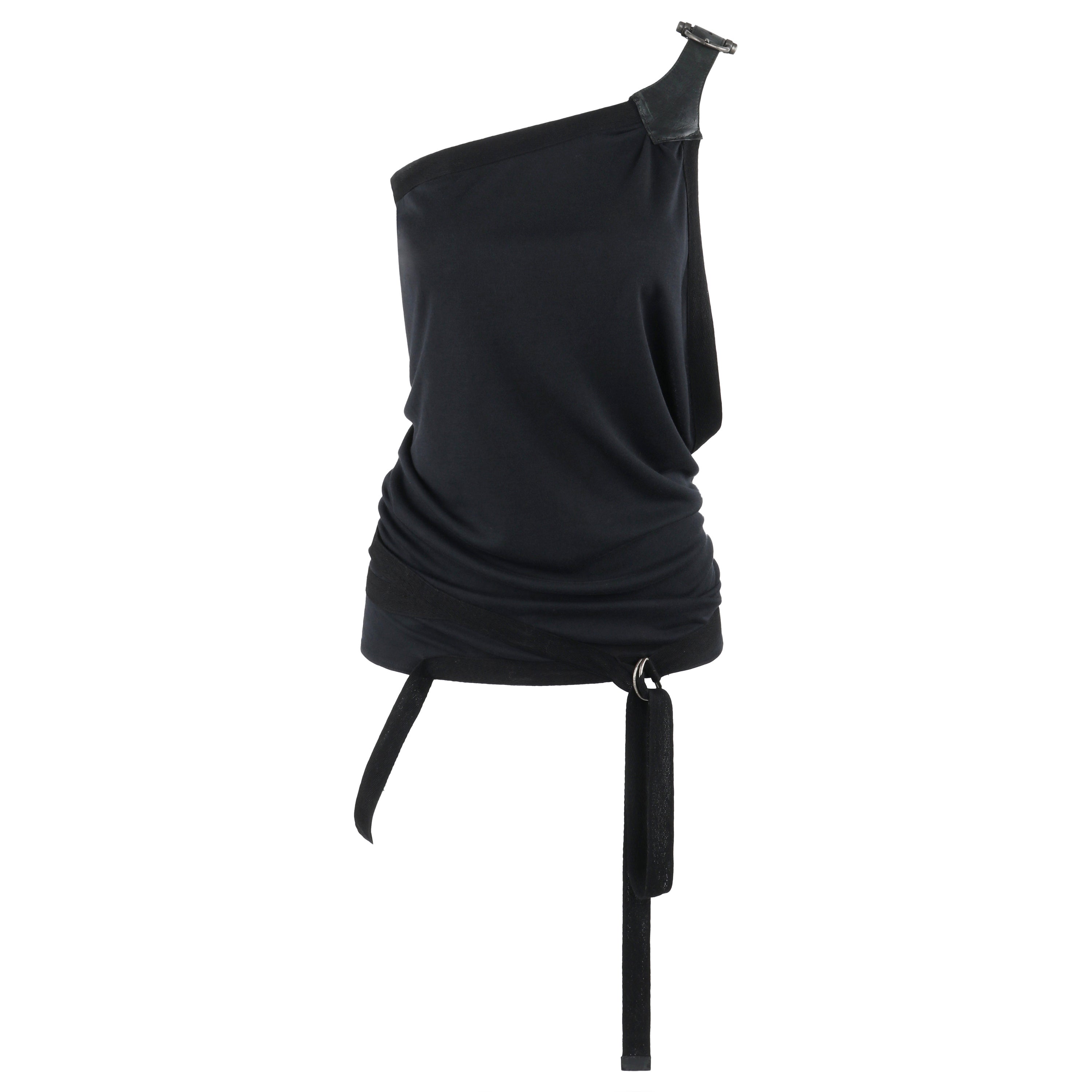 ALEXANDER McQUEEN S/S 2003 "Irere" Top negro de un hombro de cuero con hebilla de Bondage