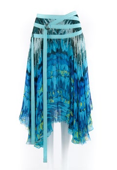 ALEXANDER McQUEEN S/S 2003 “Irere” Blue Feather Silk Handkerchief Hem Midi Skirt