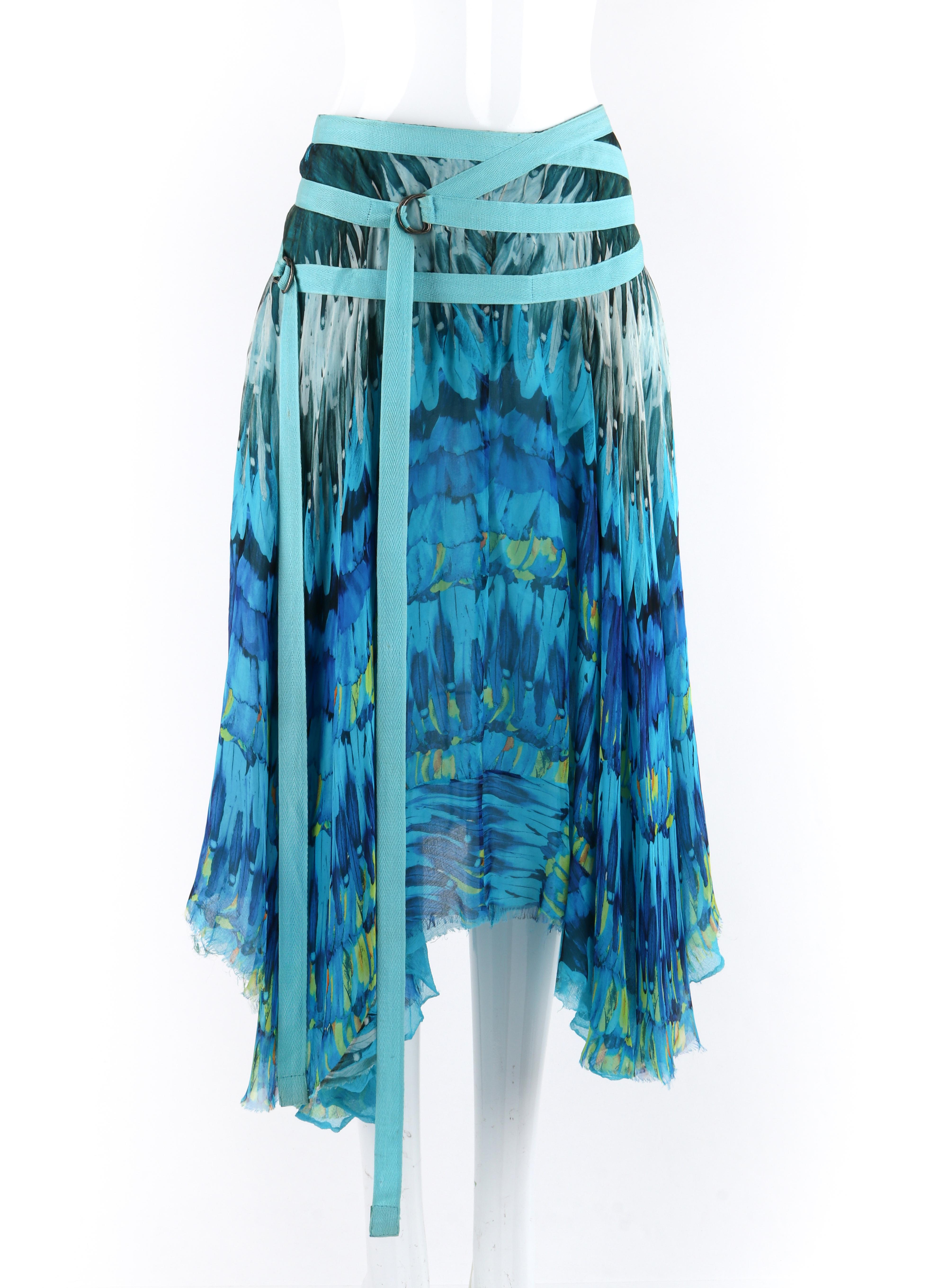 ALEXANDER McQUEEN S/S 2003 “Irere” Blue Feather Silk Handkerchief Hem Midi Skirt In Good Condition In Thiensville, WI