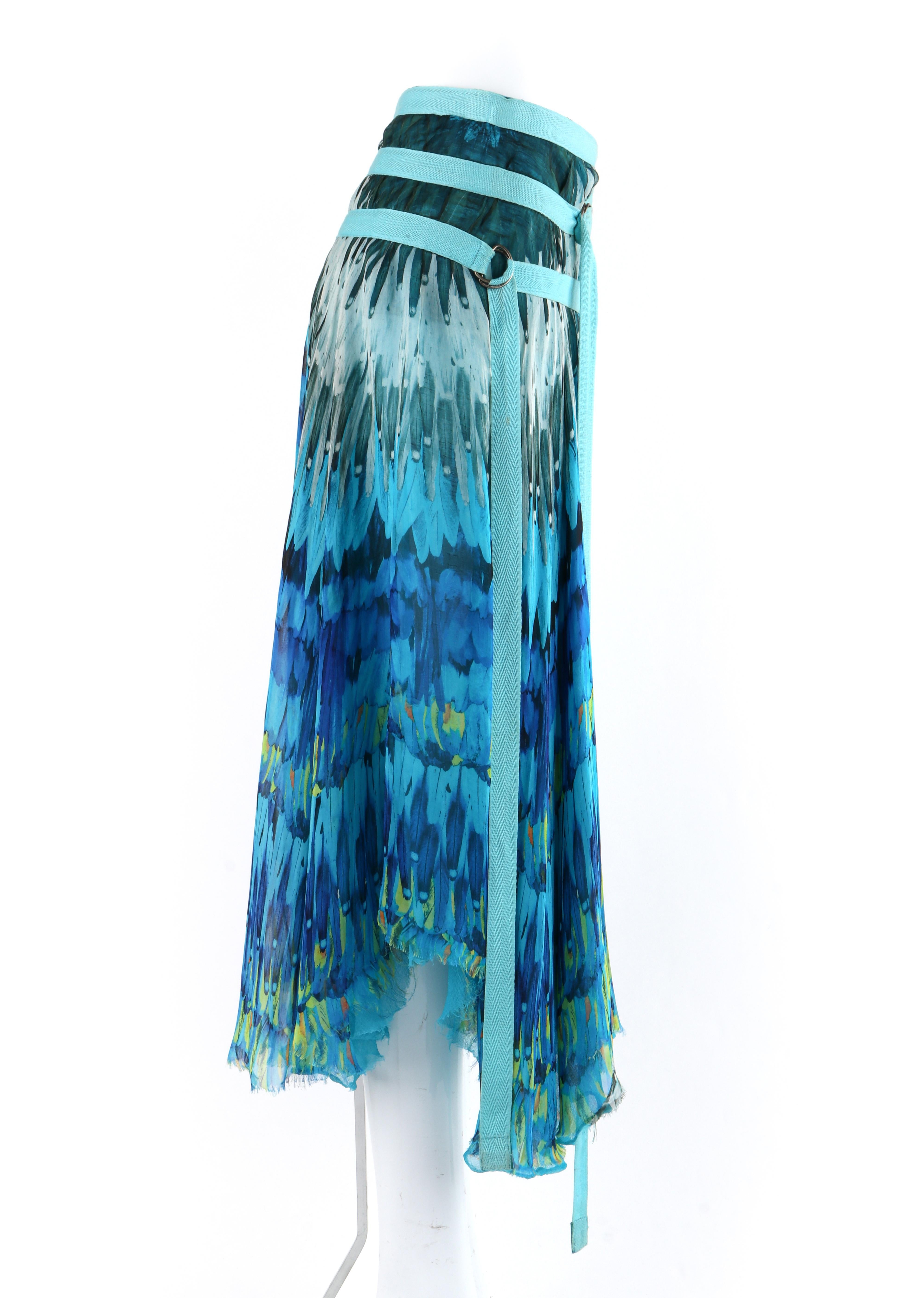 ALEXANDER McQUEEN S/S 2003 “Irere” Blue Feather Silk Handkerchief Hem Midi Skirt 1