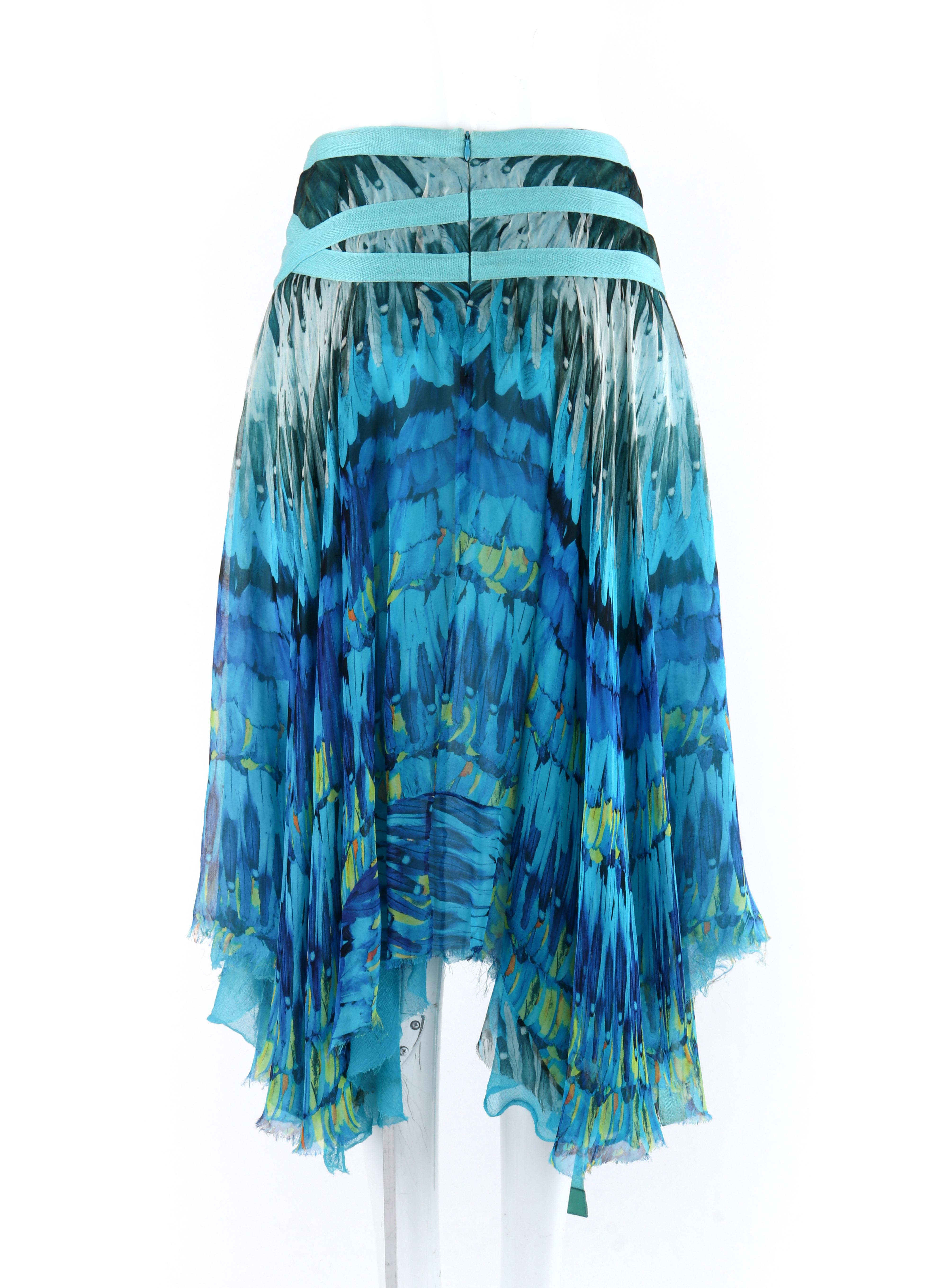 ALEXANDER McQUEEN S/S 2003 “Irere” Blue Feather Silk Handkerchief Hem Midi Skirt 2