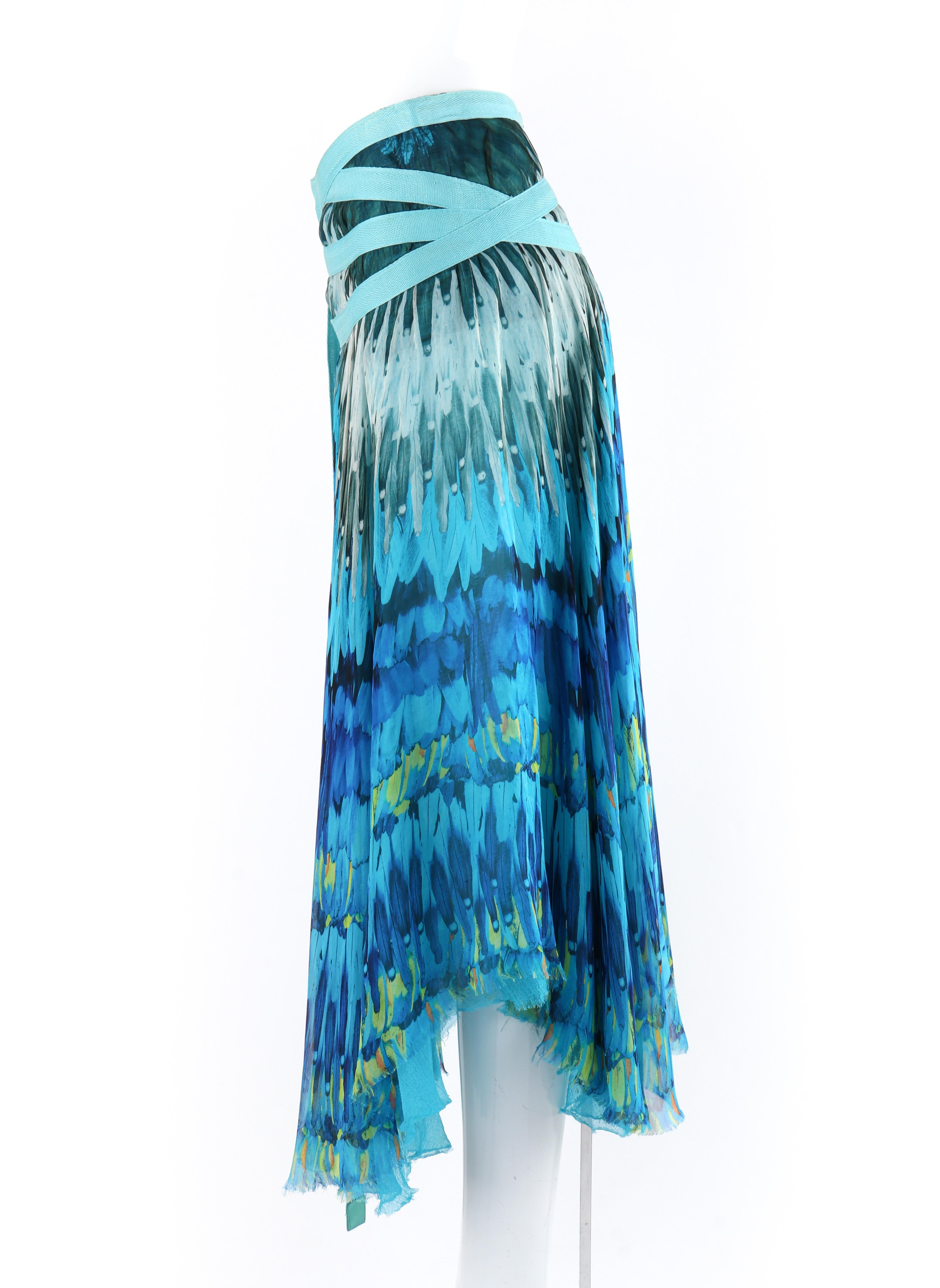 ALEXANDER McQUEEN S/S 2003 “Irere” Blue Feather Silk Handkerchief Hem Midi Skirt 3