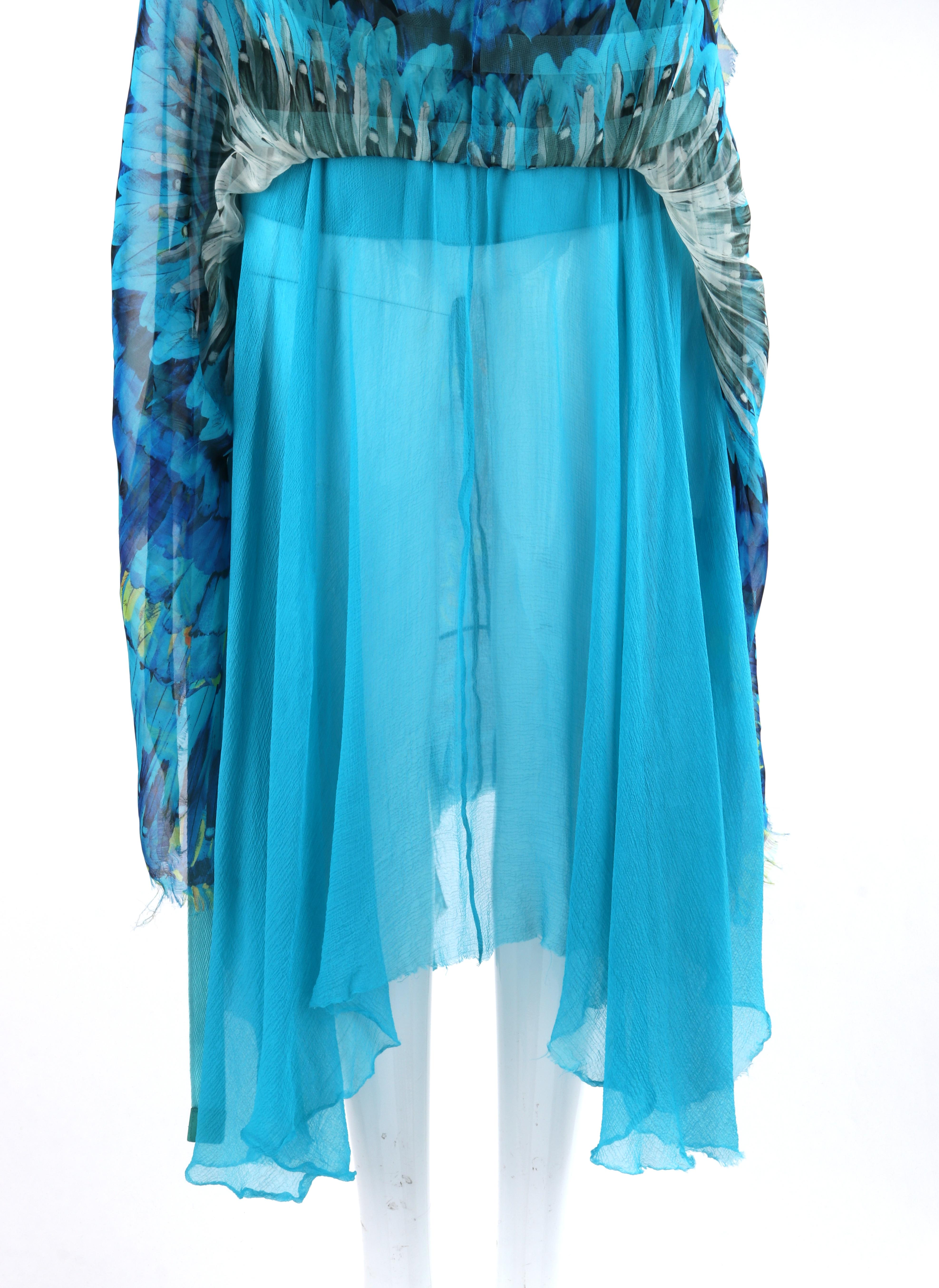 ALEXANDER McQUEEN S/S 2003 “Irere” Blue Feather Silk Handkerchief Hem Midi Skirt 4