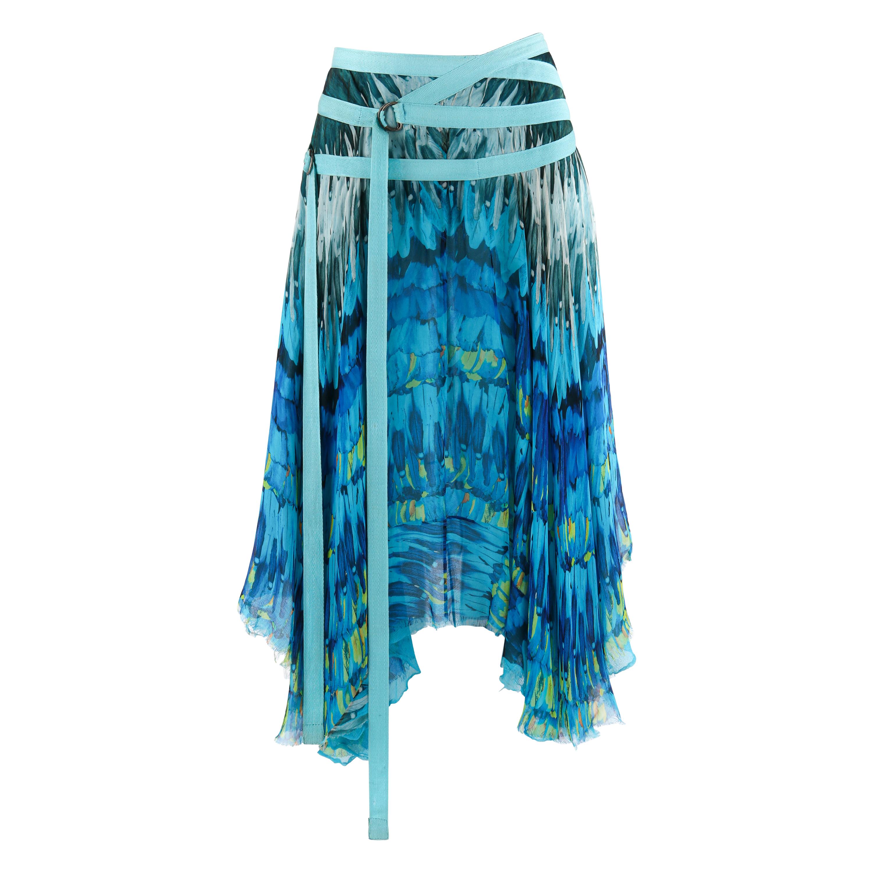 ALEXANDER McQUEEN S/S 2003 “Irere” Blue Feather Silk Handkerchief Hem Midi Skirt