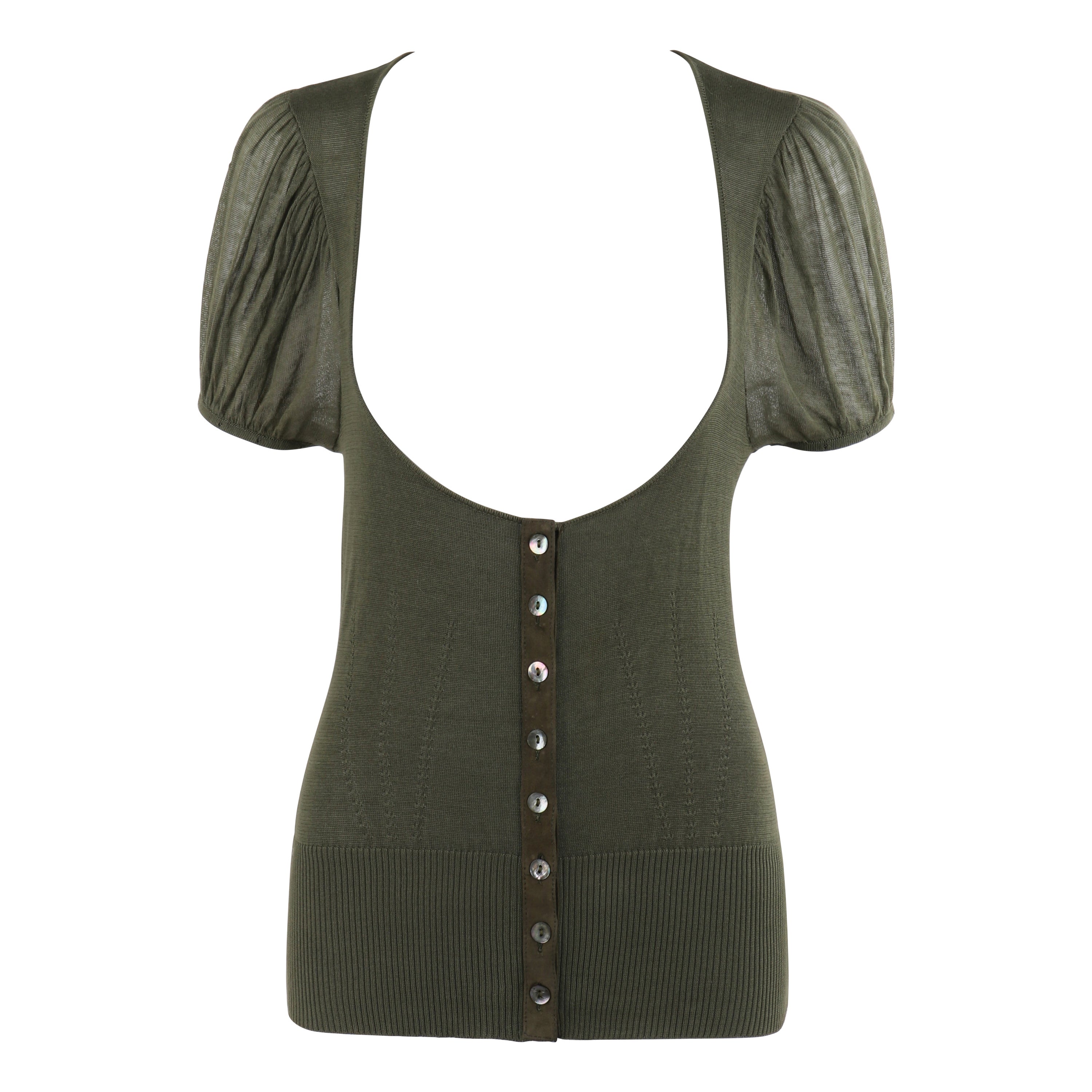 ALEXANDER McQUEEN S/S 2003 "Irere" Green Stretch Knit Puff Sleeve Button-Up Top