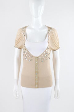 ALEXANDER McQUEEN S/S 2003 "Irere" Tan Knit Button Embellished Plunge Blouse Top