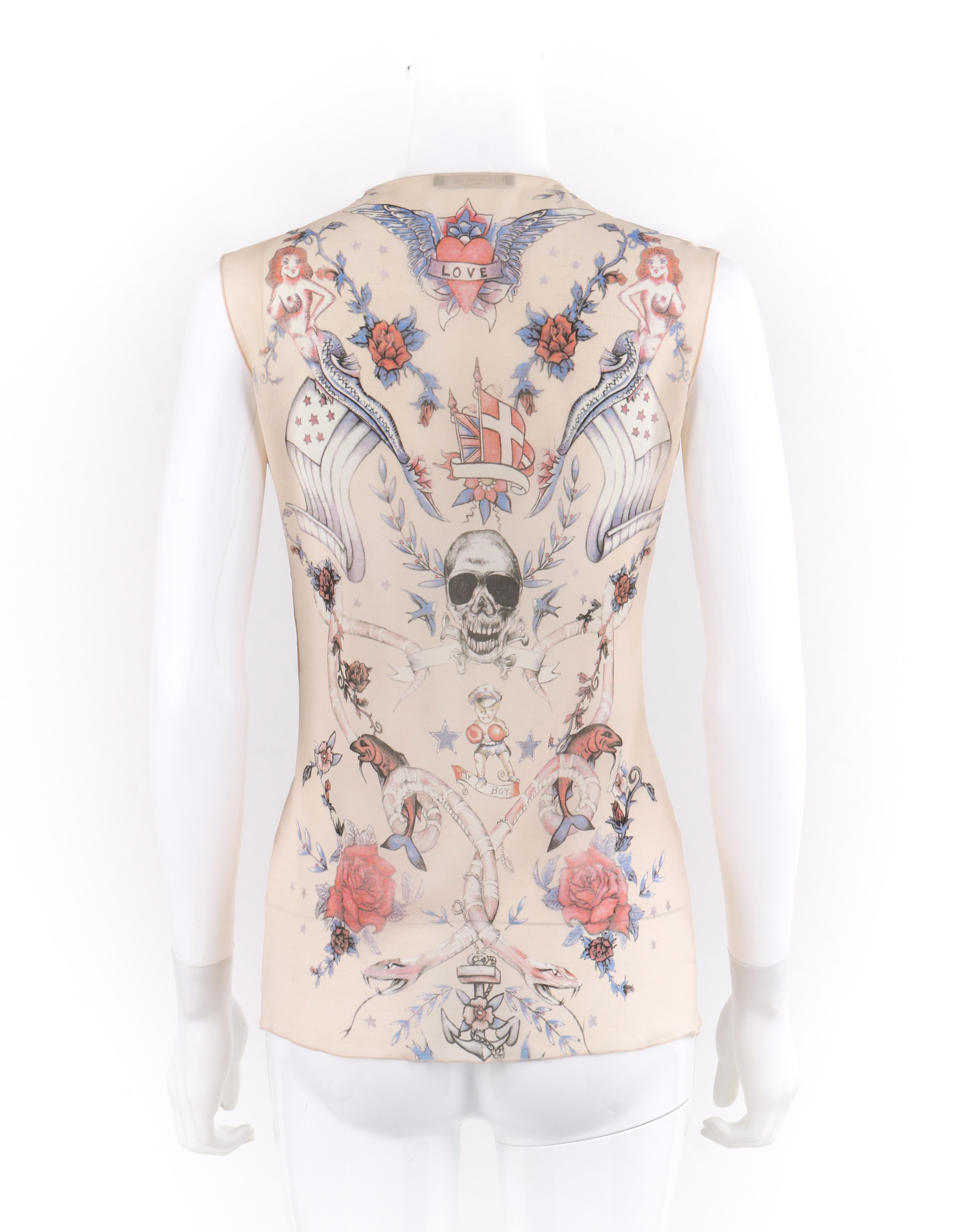 Alexander McQueen S/S 2003 Nudefarbenes Seiden-Top mit Adler Tattoo Druck  (Beige) im Angebot