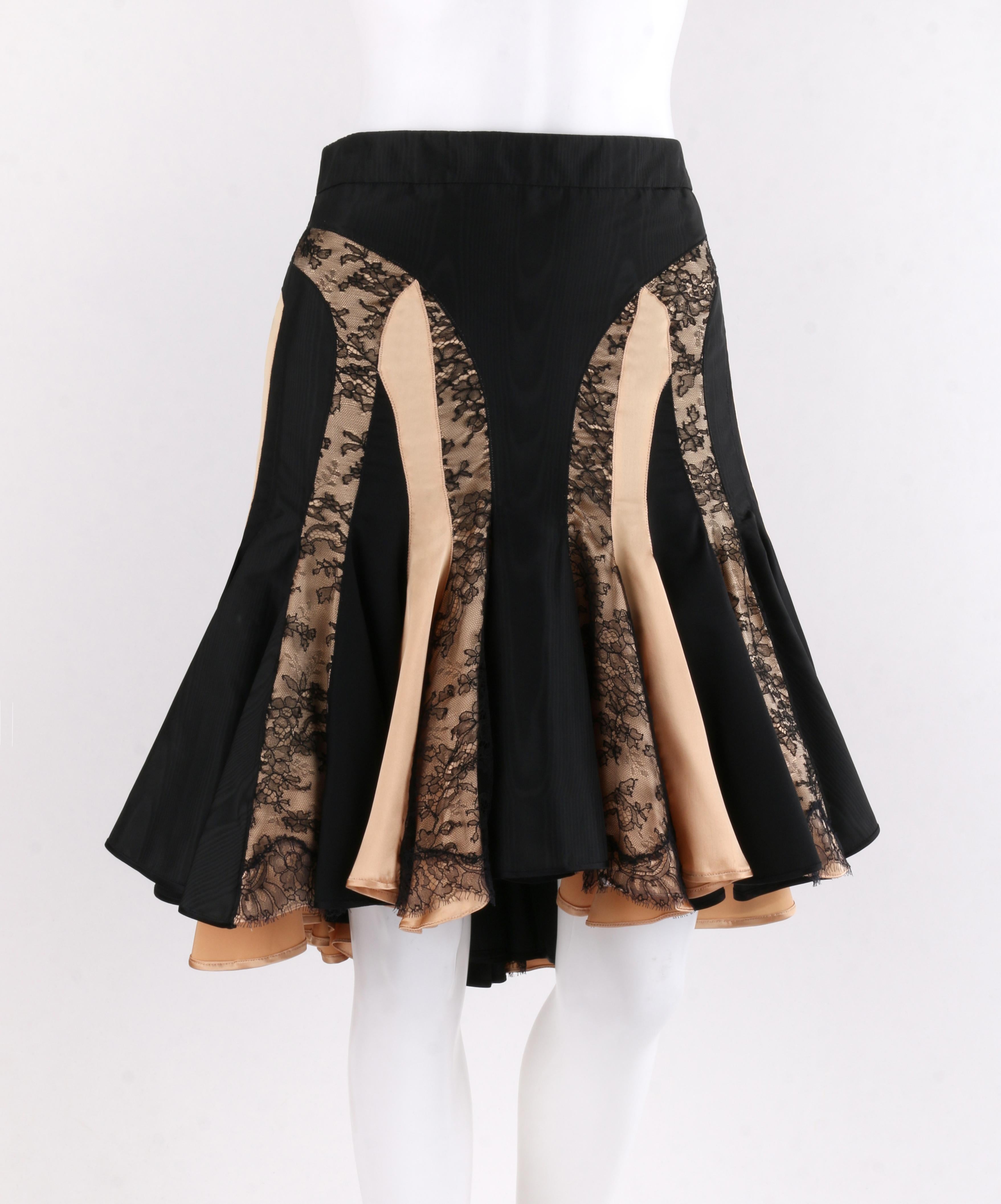 ALEXANDER McQUEEN S/S 2004 Black Champagne Silk Lace Flared High Low Trumpet Skirt
 
Brand / Manufacturer: Alexander McQueen
Collection: Spring / Summer 2004
Style: Flared, trumpet, high low skirt
Color(s): Shades of champagne and black 
Lined: