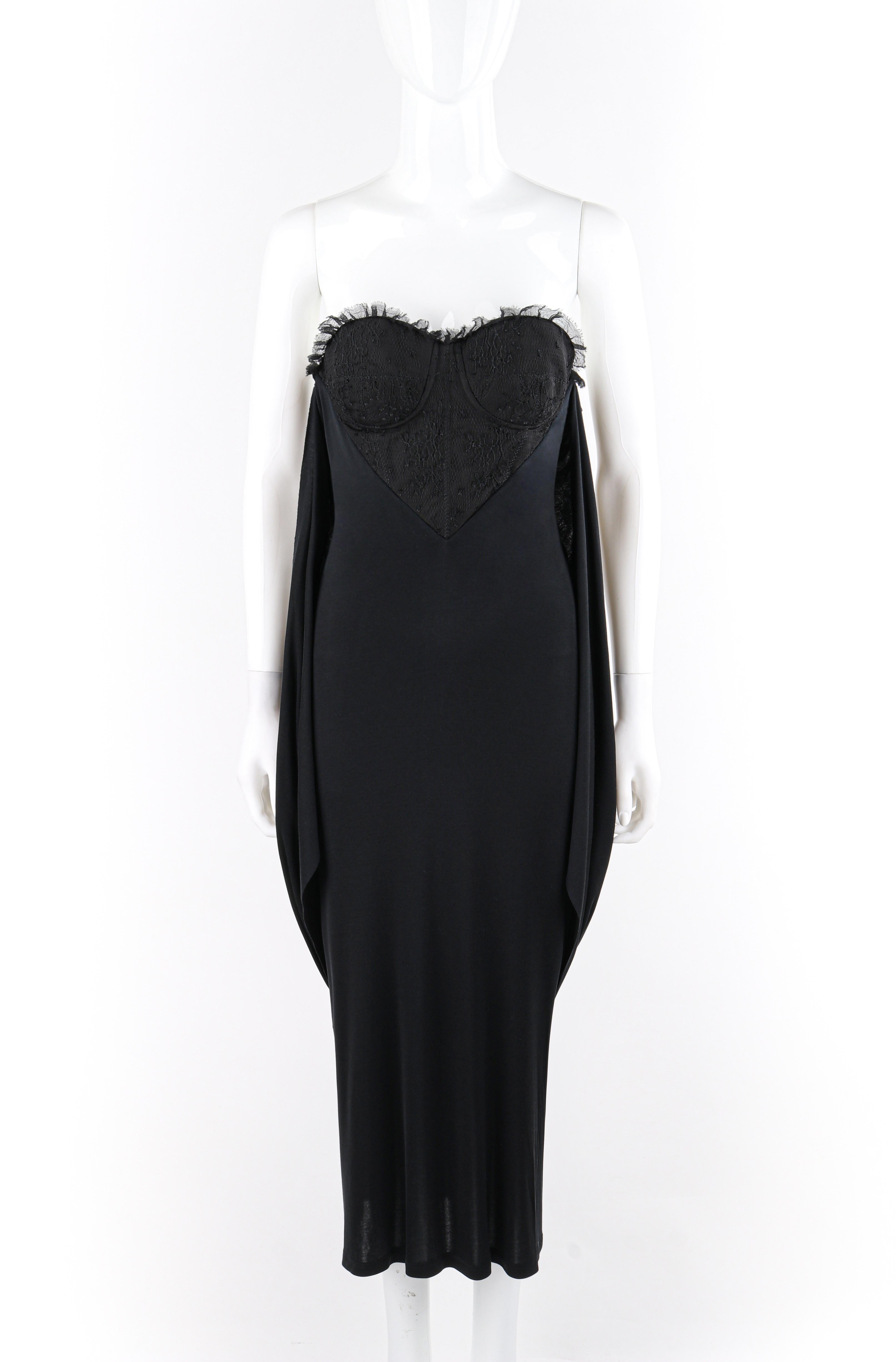 ALEXANDER McQUEEN S/S 2004 Black Multiway Bustier Midi Length Evening Dress
 
Brand / Manufacturer: Alexander McQueen
Collection: S/S 2004 
Style: Bustier dress
Color(s): Shades of black
Lined: No
Marked Fabric Content: 64% rayon viscose, 30% seta