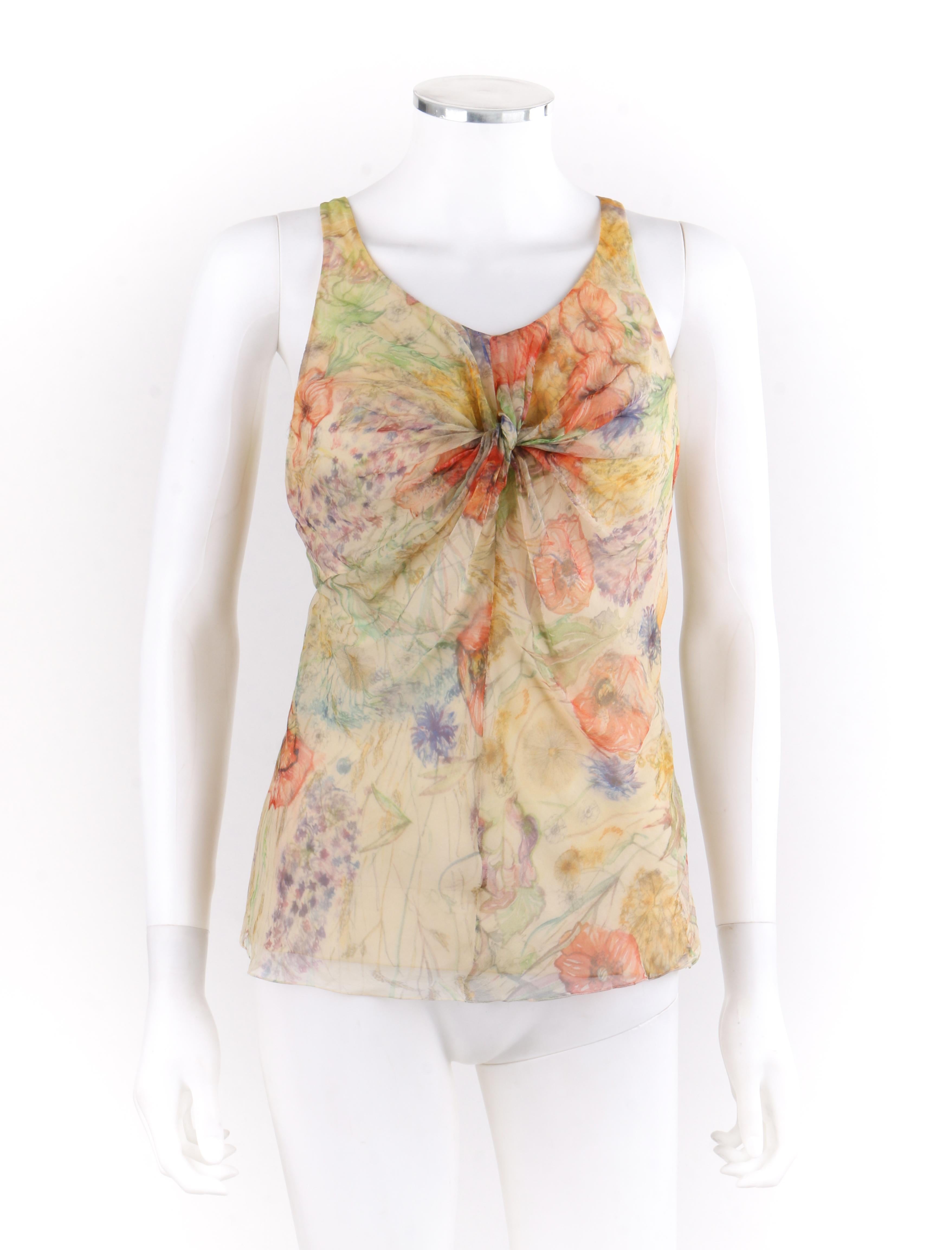 ALEXANDER McQUEEN S/S 2004 “Deliverance” Silk Floral Twisted Knot Tank Top  
 
Brand / Manufacturer: Alexander McQueen
Collection: Spring / Summer 2004 “Deliverance” 
Style: Tank top
Color(s): Shades of ivory, yellow, red, orange, green, blue and