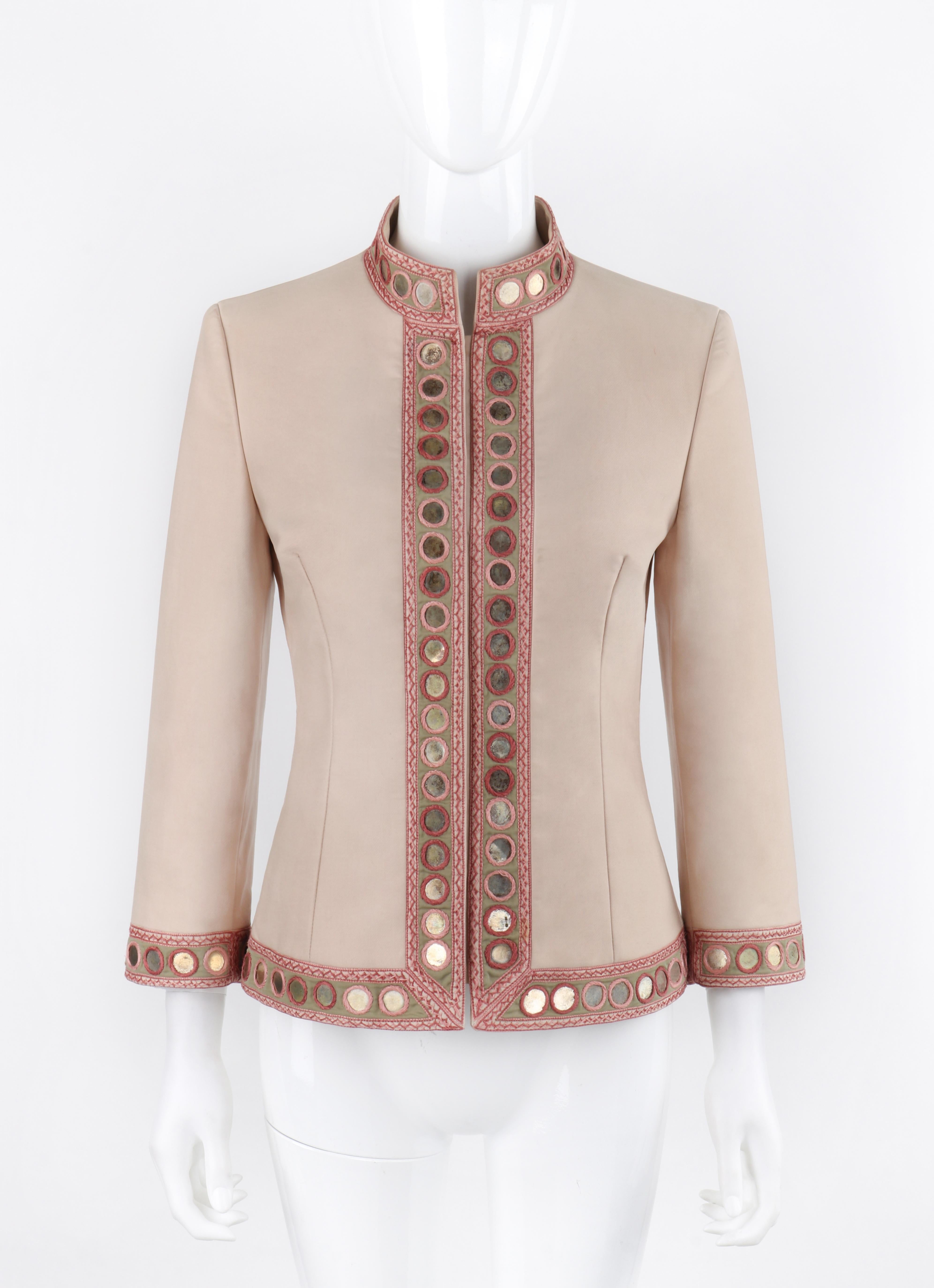 ALEXANDER McQUEEN S/S 2005 Beige Gold Coin Embroidered Collared Button Up Jacket In Fair Condition For Sale In Thiensville, WI