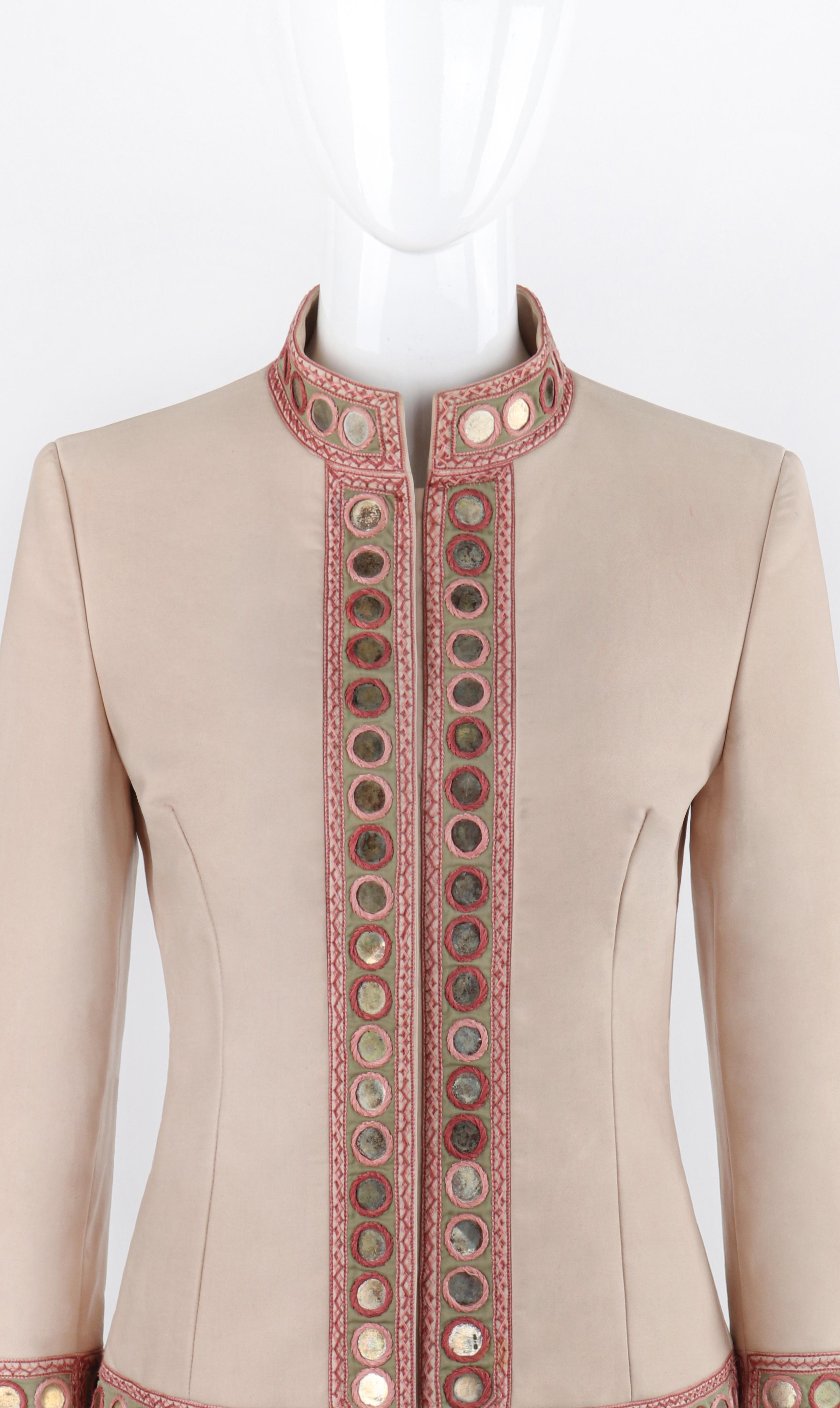 Women's ALEXANDER McQUEEN S/S 2005 Beige Gold Coin Embroidered Collared Button Up Jacket For Sale