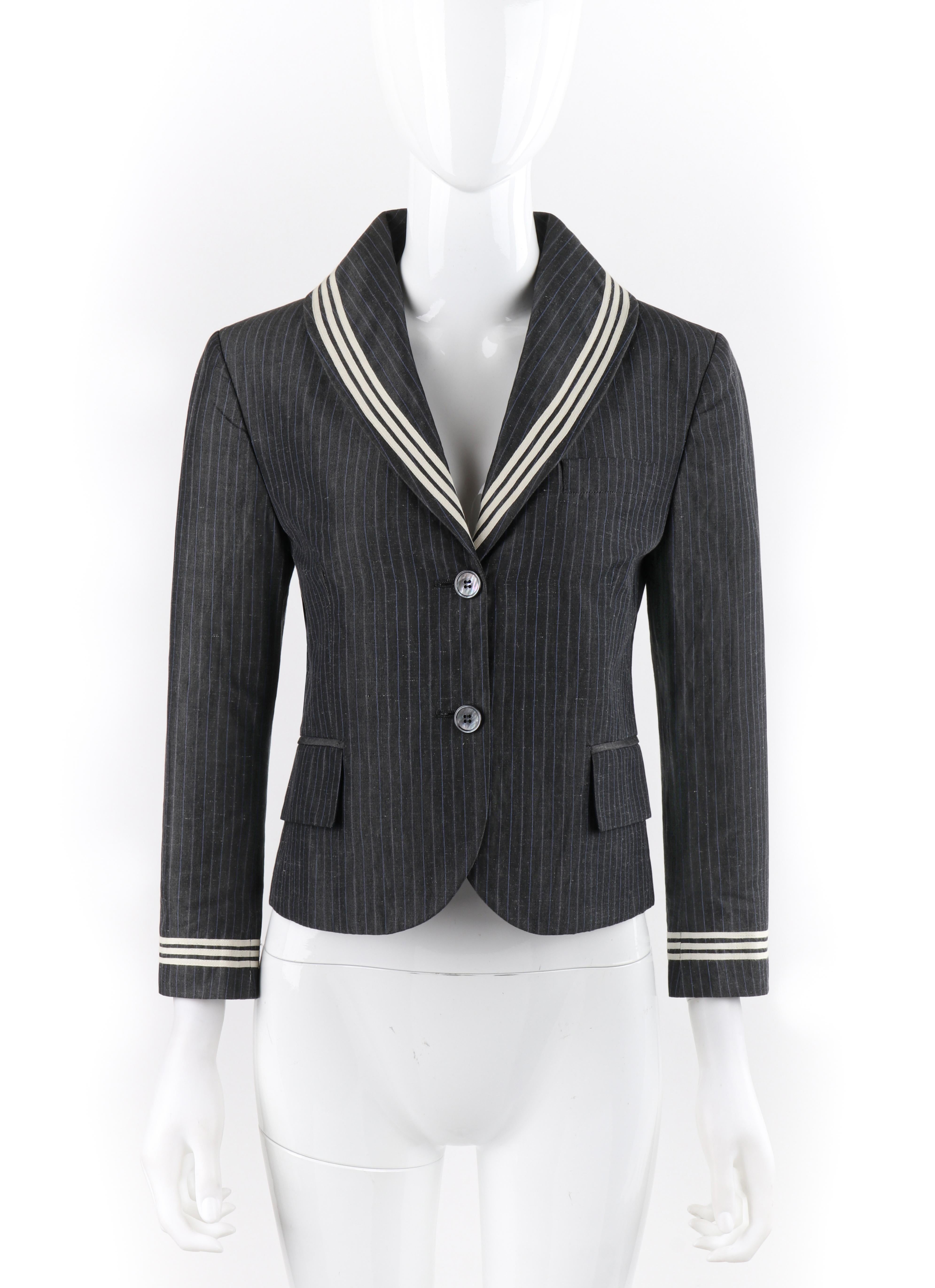ALEXANDER McQUEEN S/S 2005 Grey Blue White Pinstripe ¾ Sleeve Sailor Blazer Jacket 
 
Brand / Manufacturer: Alexander McQueen
Collection: S/S 2005 
Style: ¾ sleeve blazer
Color(s): Shades of white, grey, and blue
Lined: Yes
Marked Fabric Content: