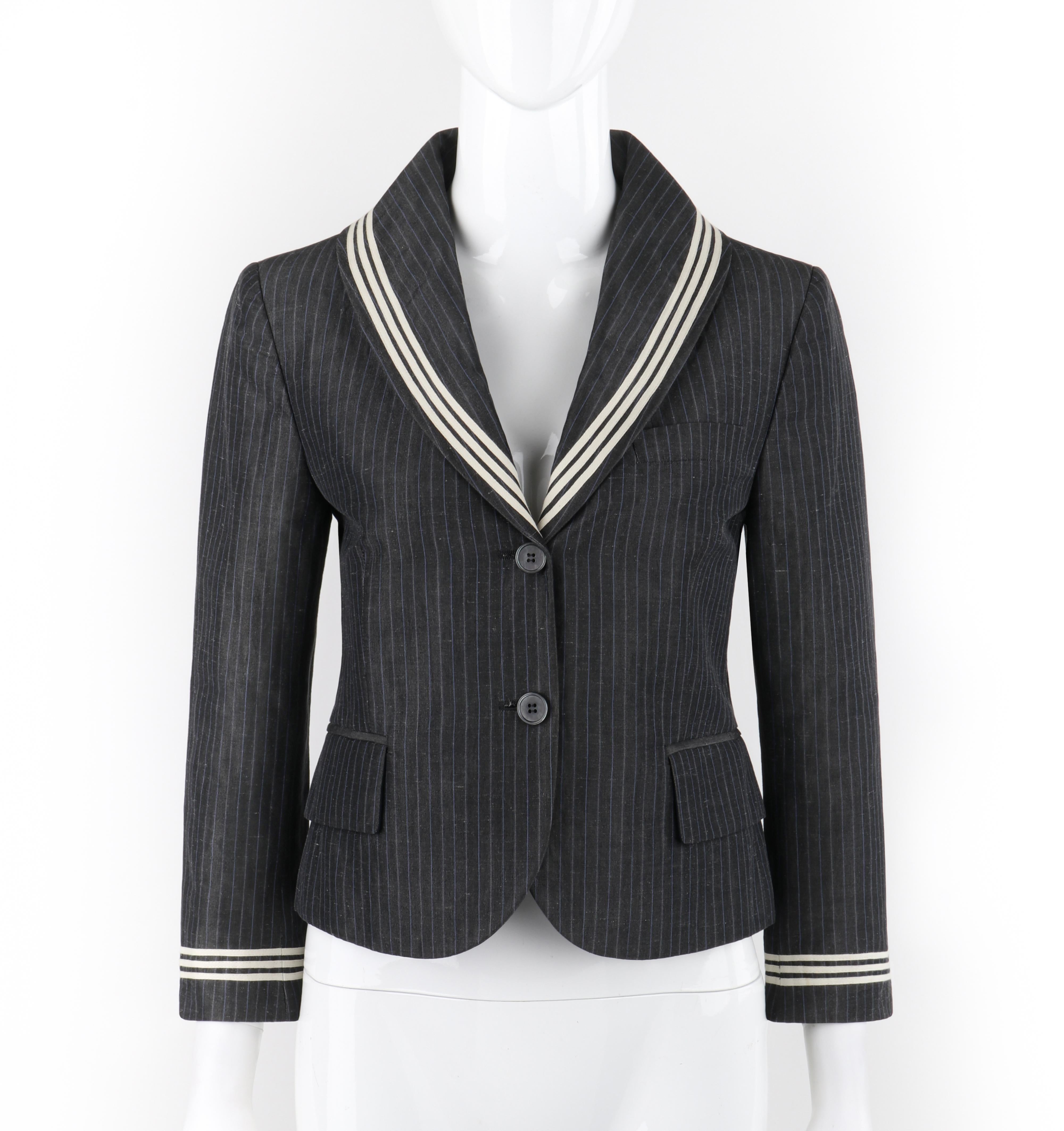 ALEXANDER McQUEEN S/S 2005 Grey Pinstripe Sailor Blazer Jacket Shawl Collar 

Brand / Manufacturer: Alexander McQueen
Collection: Spring/Summer 2005
Designer: Alexander McQueen
Style: Blazer
Color(s): Shades of white, gray, and blue
Lined: