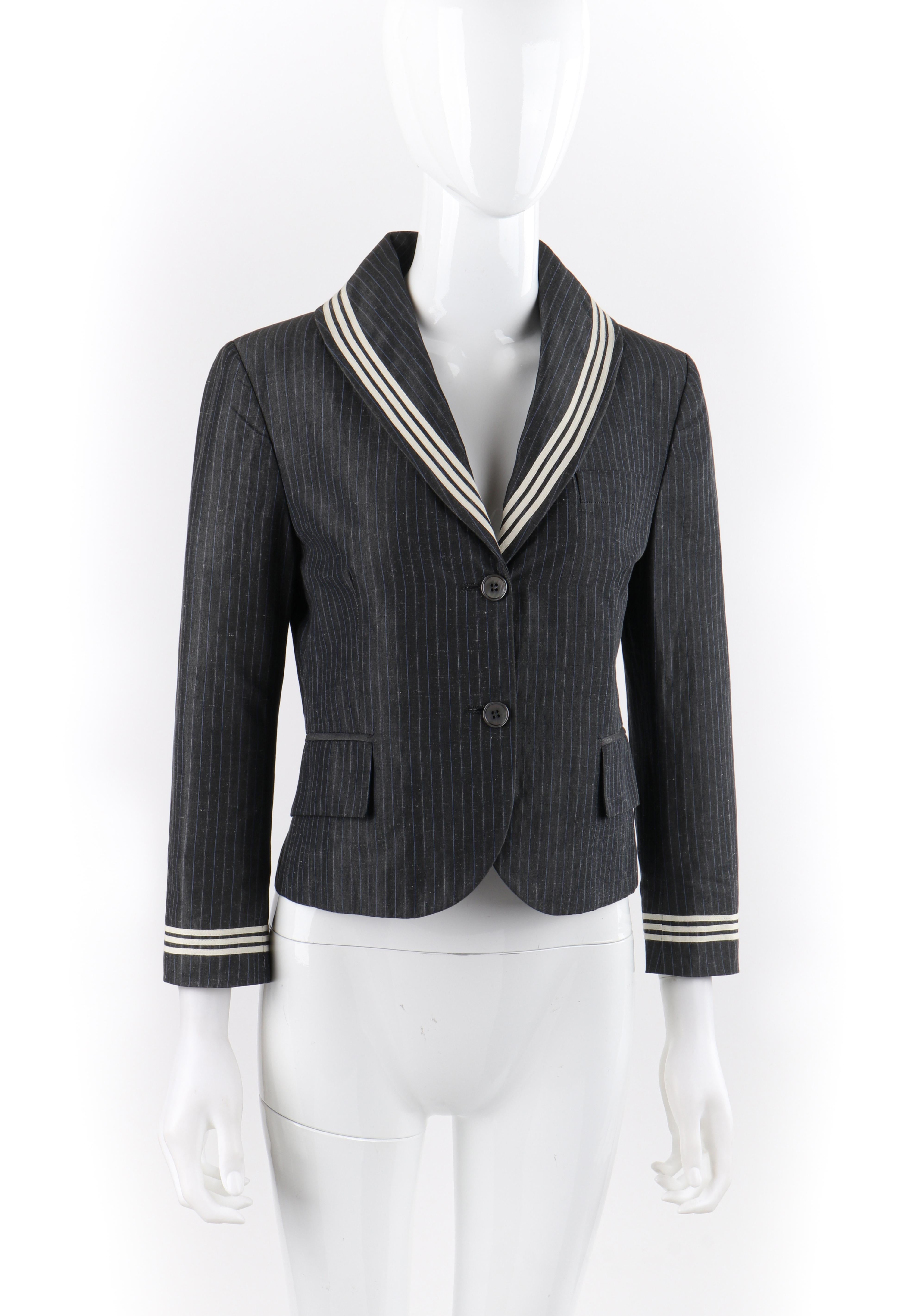 Black ALEXANDER McQUEEN S/S 2005 Grey Pinstripe Sailor Blazer Jacket Shawl Collar