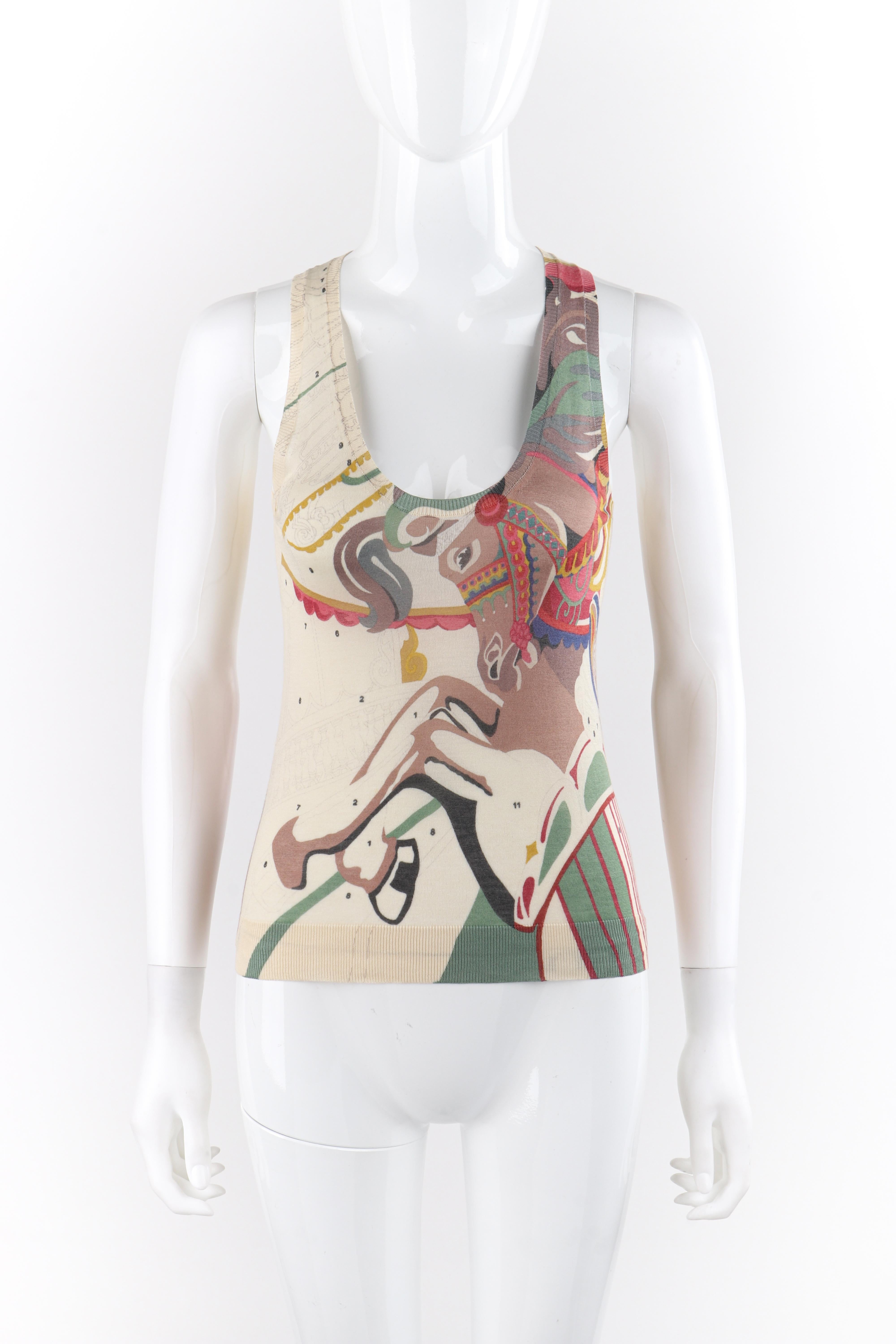 ALEXANDER McQUEEN S/S 2005 “It's Only a Game” Carousel Horse Sleeveless Knit Top
 
Brand / Manufacturer: Alexander McQueen
Collection: S/S 2005 “It's Only a Game” 
Designer: Alexander McQueen 
Style: Knit tank top
Color(s): Shades of beige, tan,
