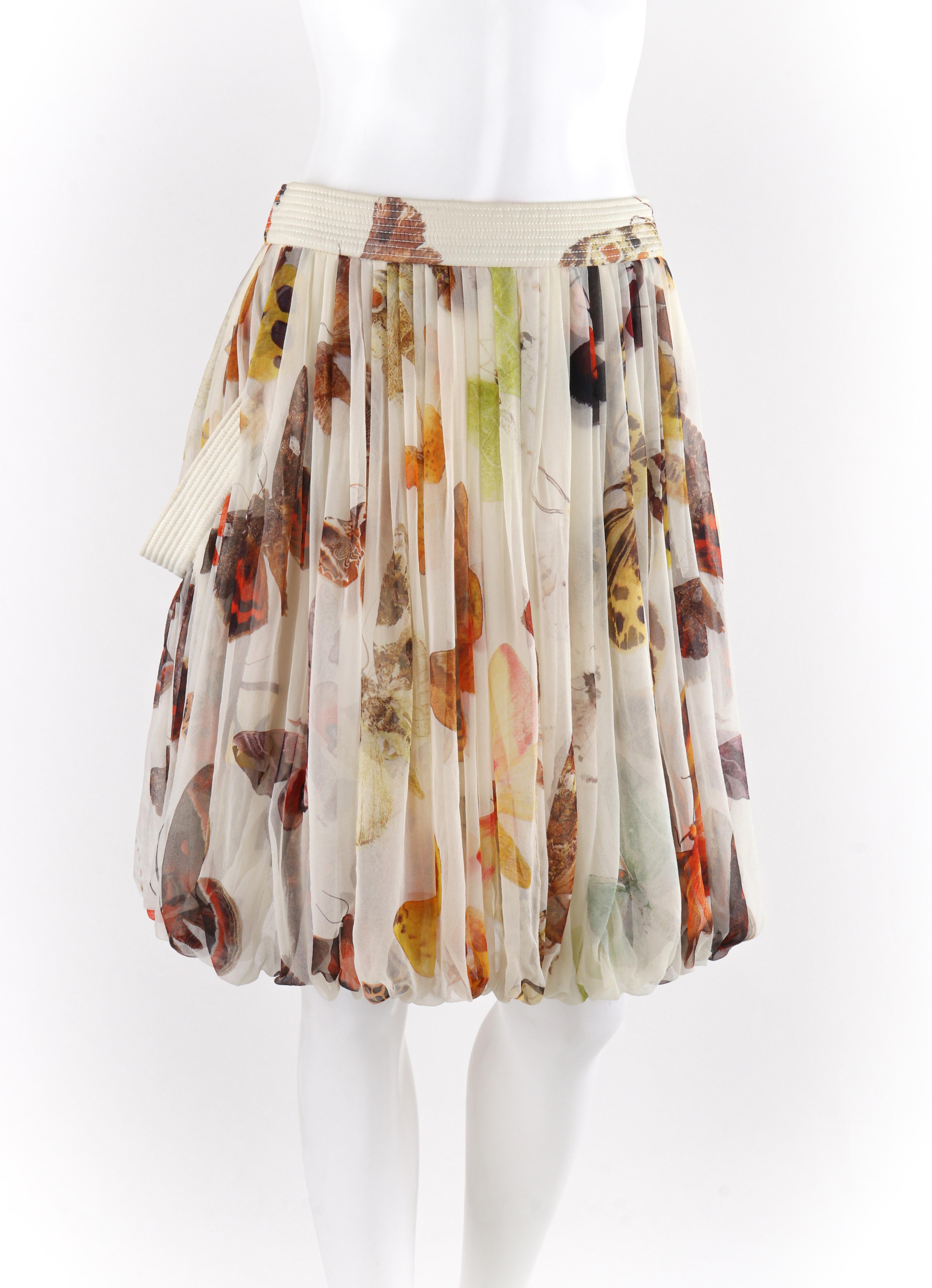 ALEXANDER McQUEEN S/S 2005 Silk Chiffon Butterfly Print Pleated Bubble Skirt 
 
Brand / Manufacturer: Alexander McQueen
Collection: S/S 2005
Style: Bubble Skirt
Color(s): Multicolor with ivory background
Lined: Yes
Marked Fabric Content: 100%