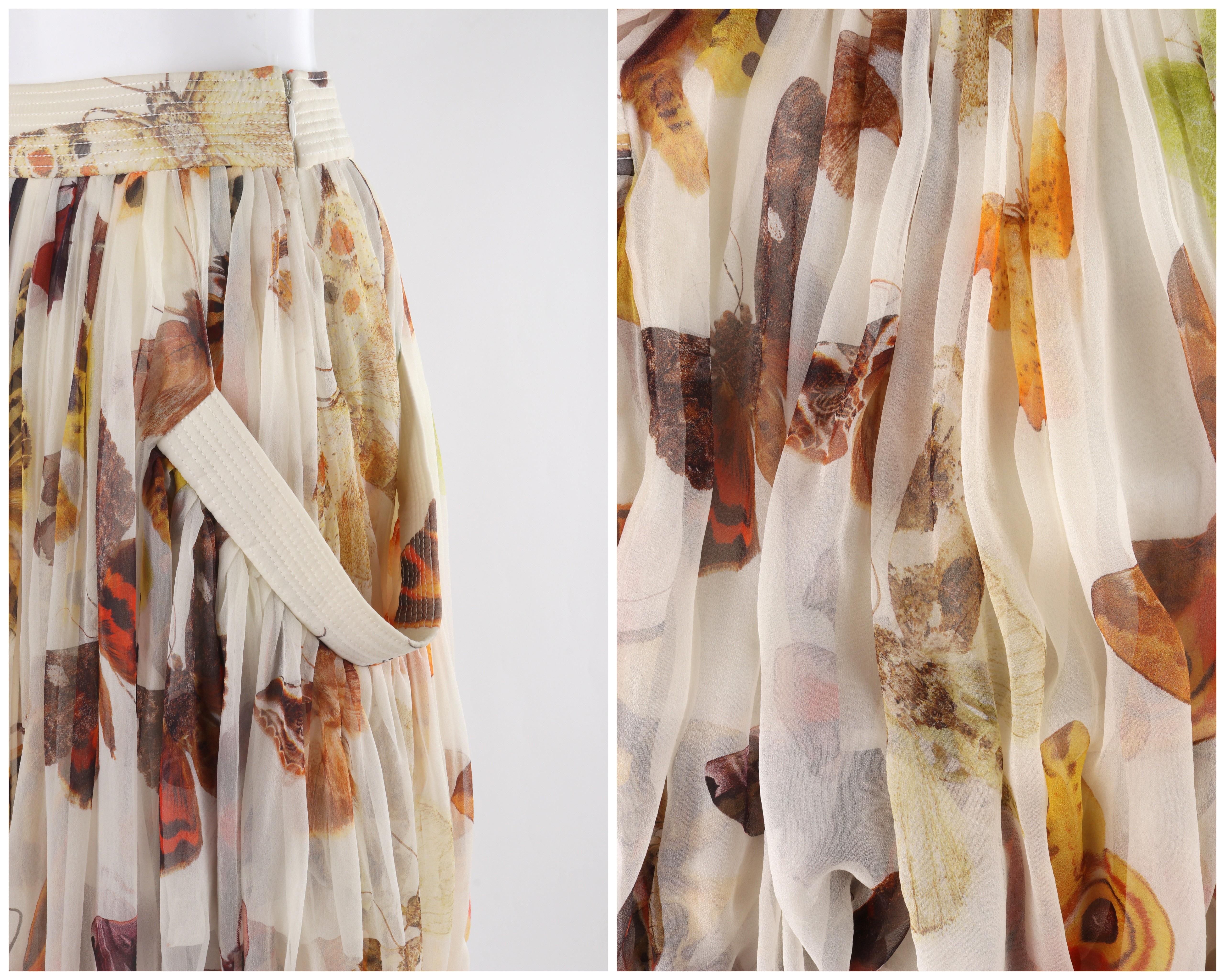 Beige ALEXANDER McQUEEN S/S 2005 Silk Chiffon Butterfly Print Pleated Bubble Skirt  For Sale