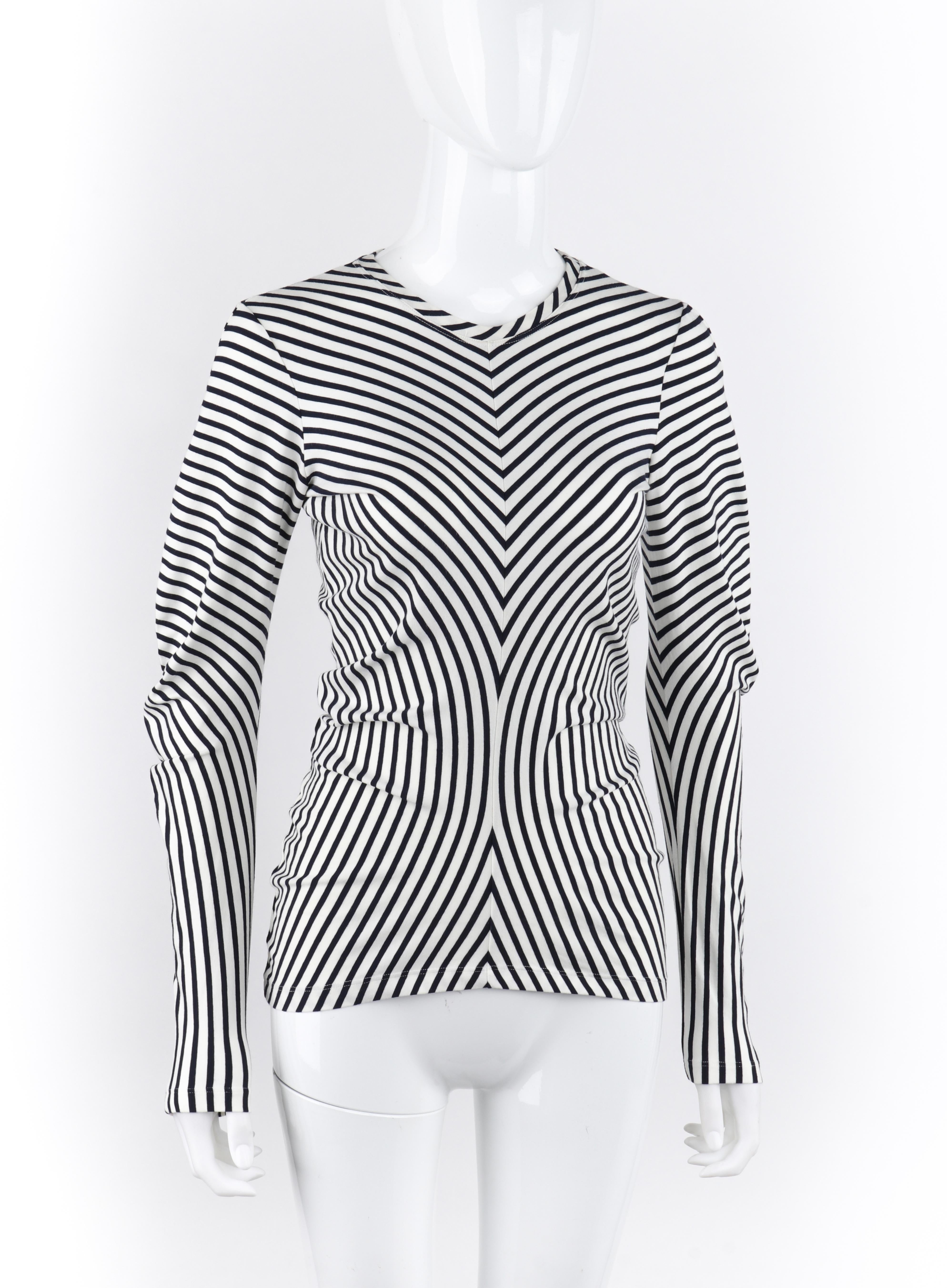 ALEXANDER McQUEEN S/S 2006 Blue White Stripe Knit Curve Long Sleeve Draped Top In Good Condition For Sale In Thiensville, WI