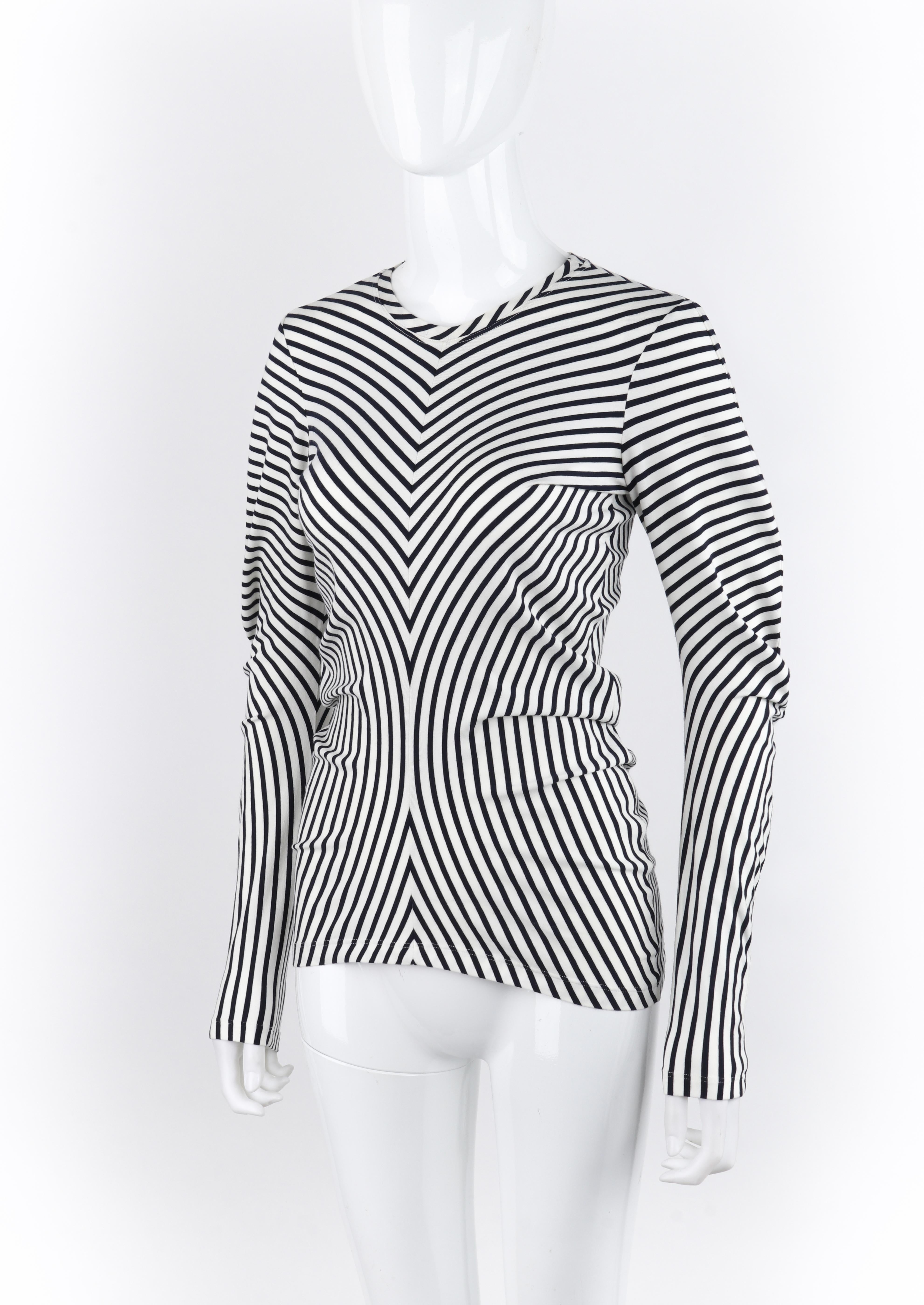 ALEXANDER McQUEEN S/S 2006 Blue White Stripe Knit Curve Long Sleeve Draped Top For Sale 3