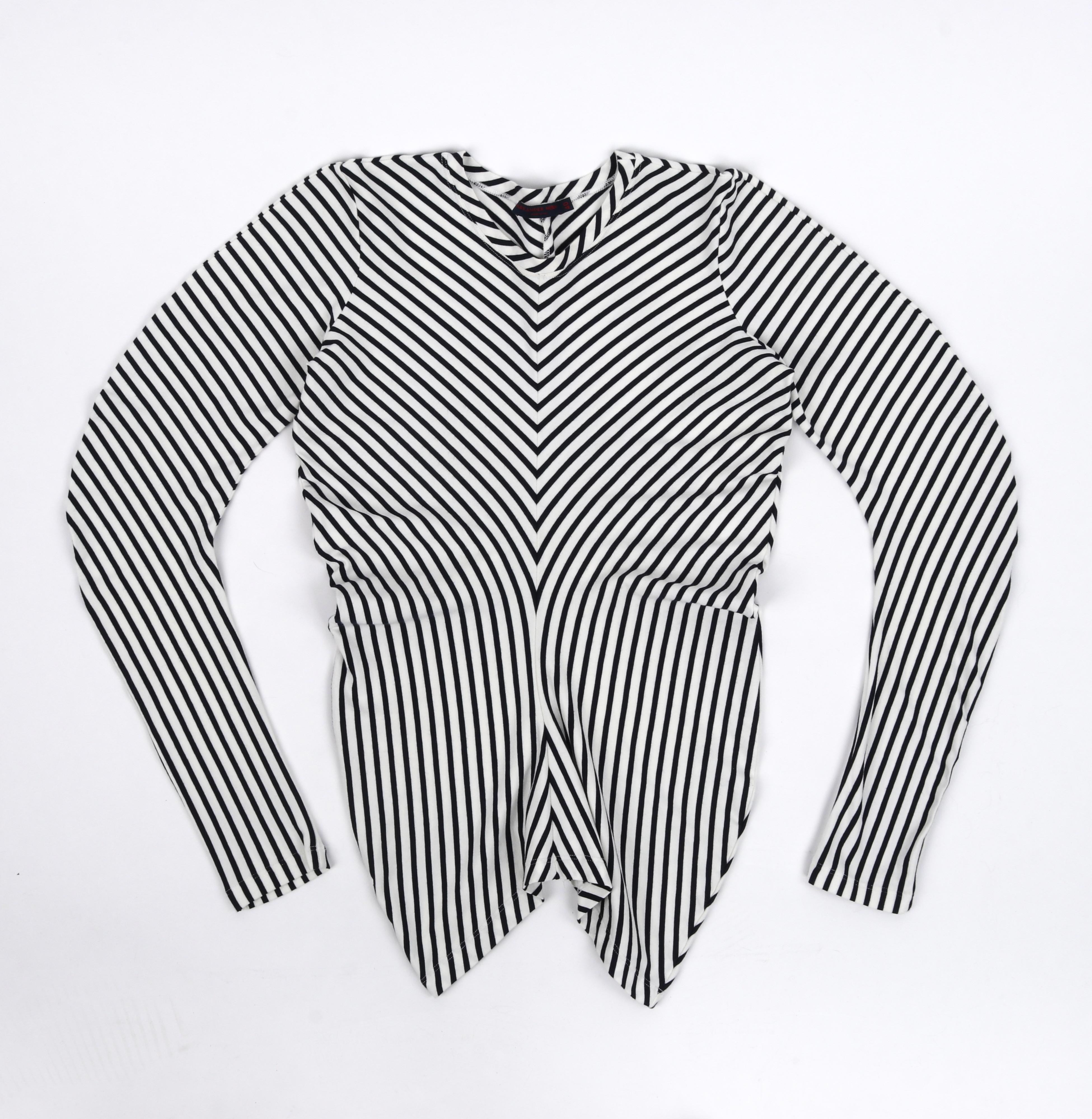 ALEXANDER McQUEEN S/S 2006 Blue White Stripe Knit Curve Long Sleeve Draped Top For Sale 4