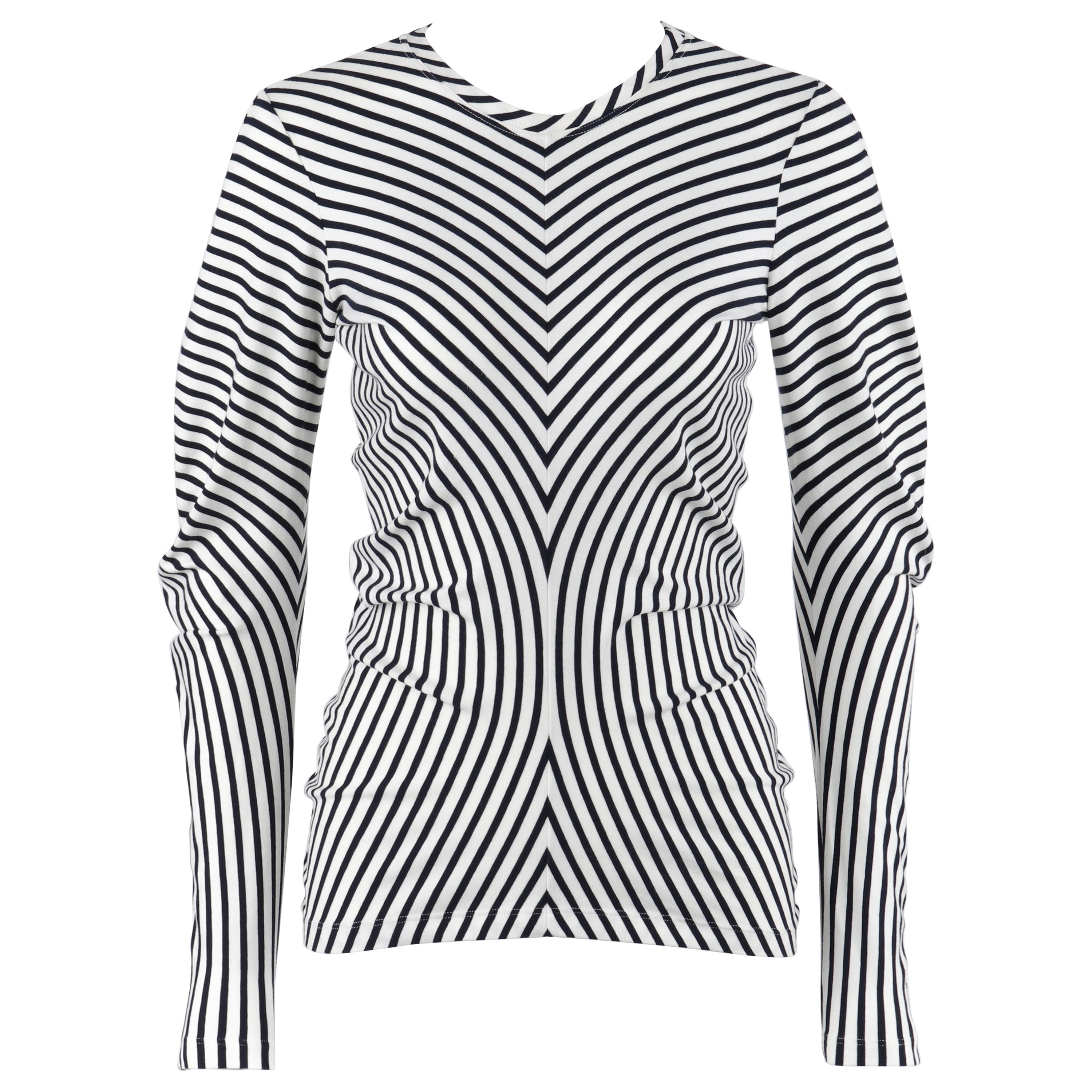 ALEXANDER McQUEEN S/S 2006 Top drapeado de manga larga de punto a rayas azul y blanco