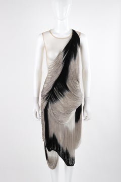 ALEXANDER McQUEEN S/S 2009 Black Gray Nude Mesh Tassel Fringe Draped Dress