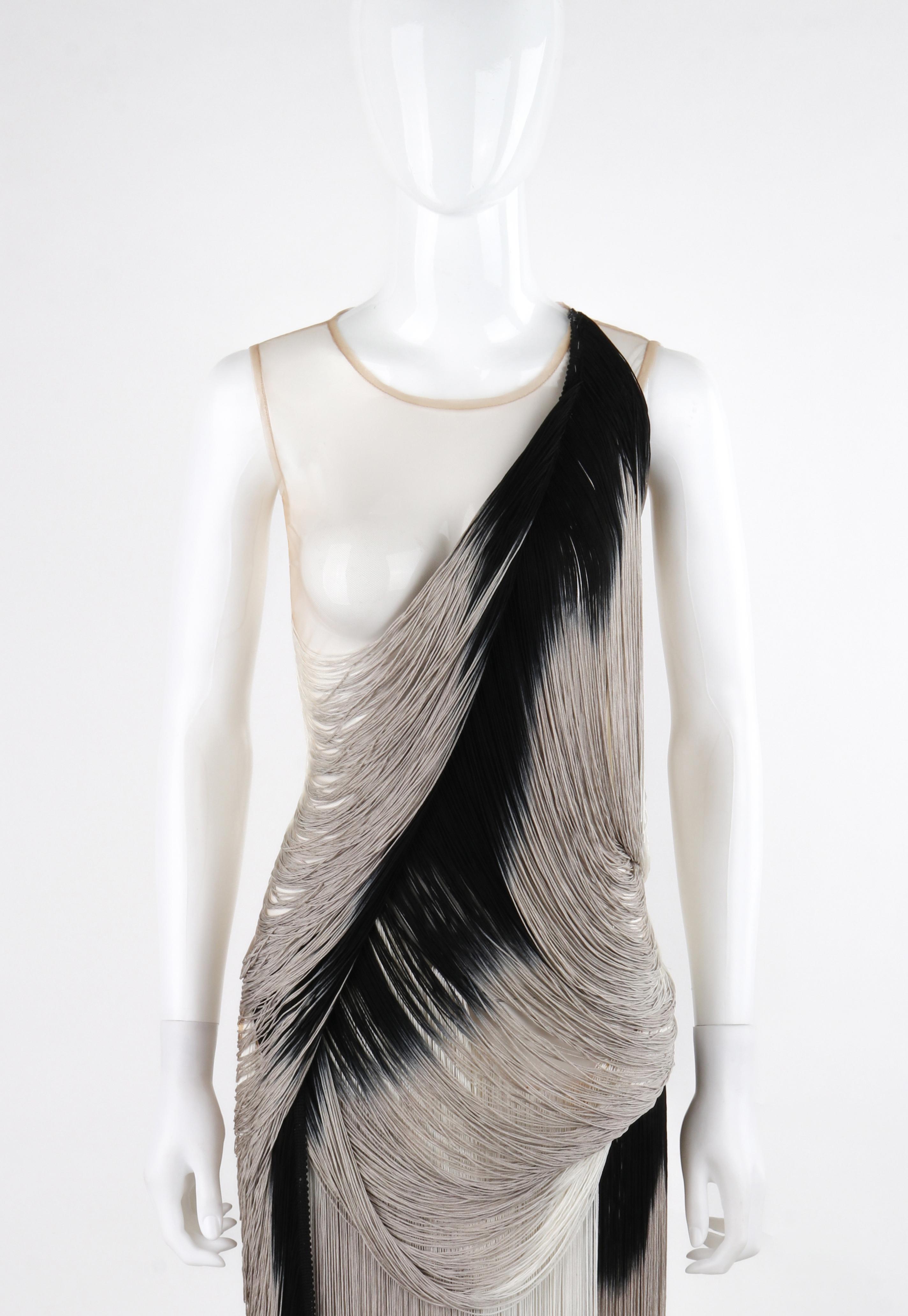 ALEXANDER McQUEEN S/S 2009 Black Gray Nude Mesh Tassel Fringe Draped Dress In Good Condition For Sale In Thiensville, WI
