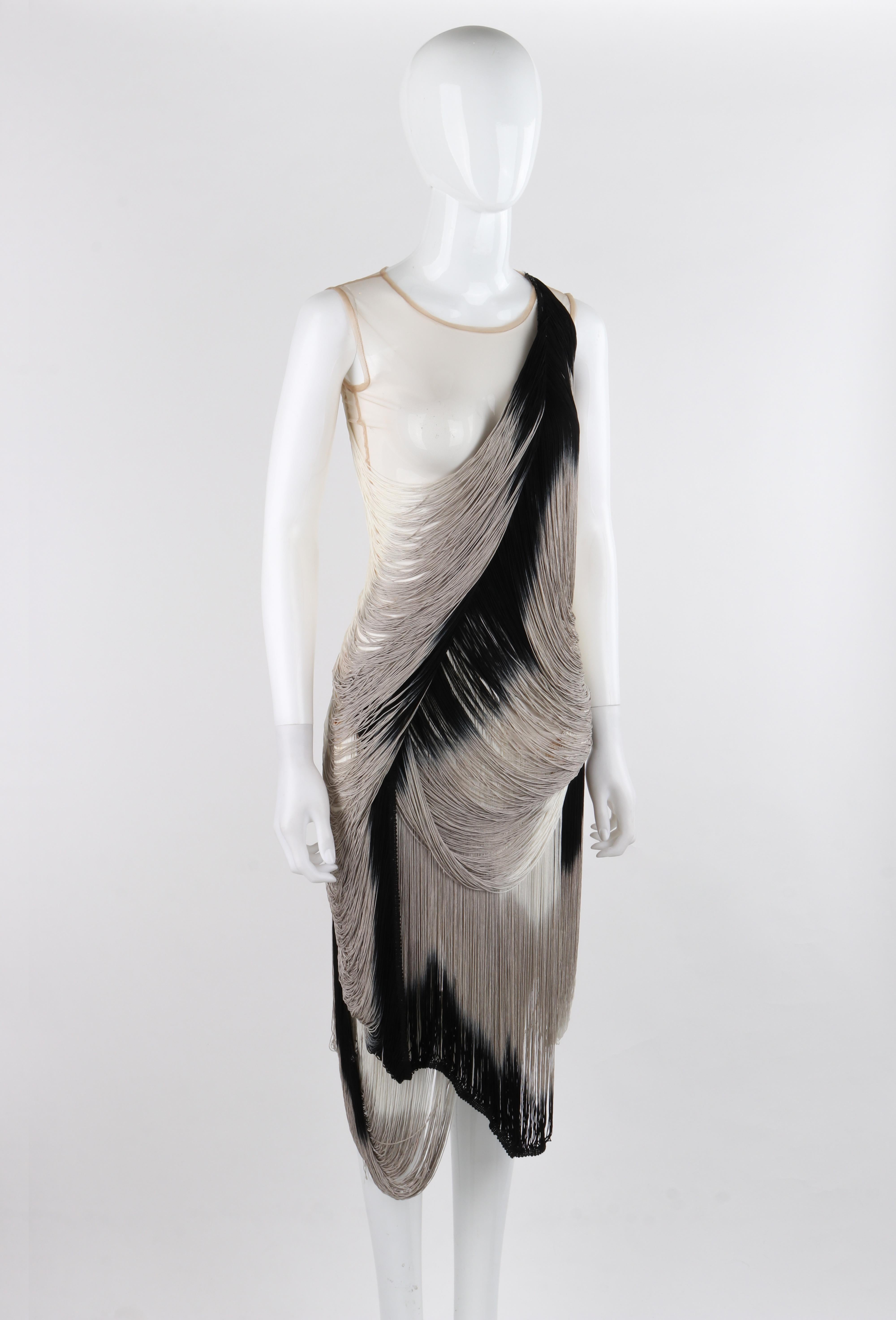 Women's ALEXANDER McQUEEN S/S 2009 Black Gray Nude Mesh Tassel Fringe Draped Dress For Sale