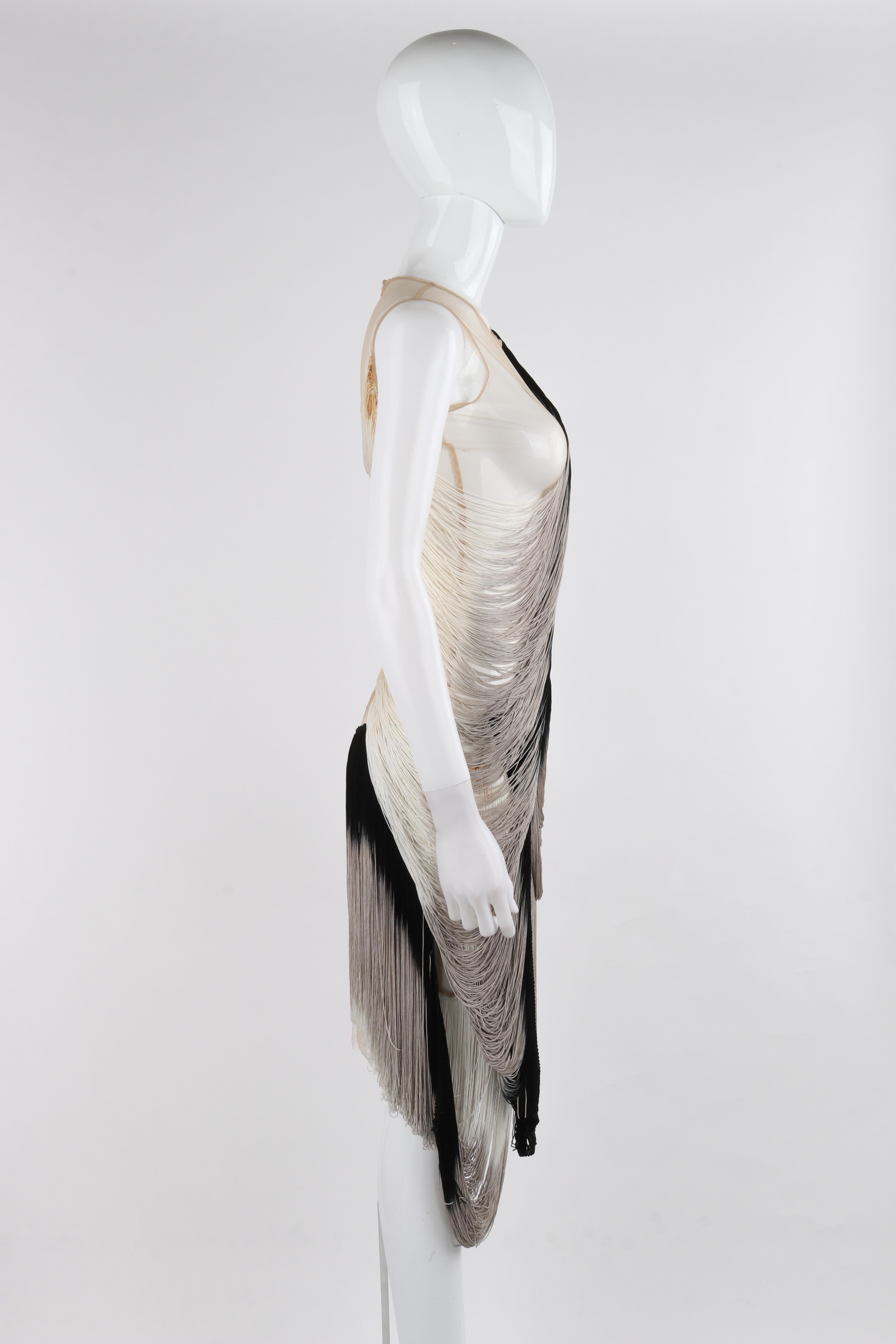 ALEXANDER McQUEEN S/S 2009 Black Gray Nude Mesh Tassel Fringe Draped Dress For Sale 1