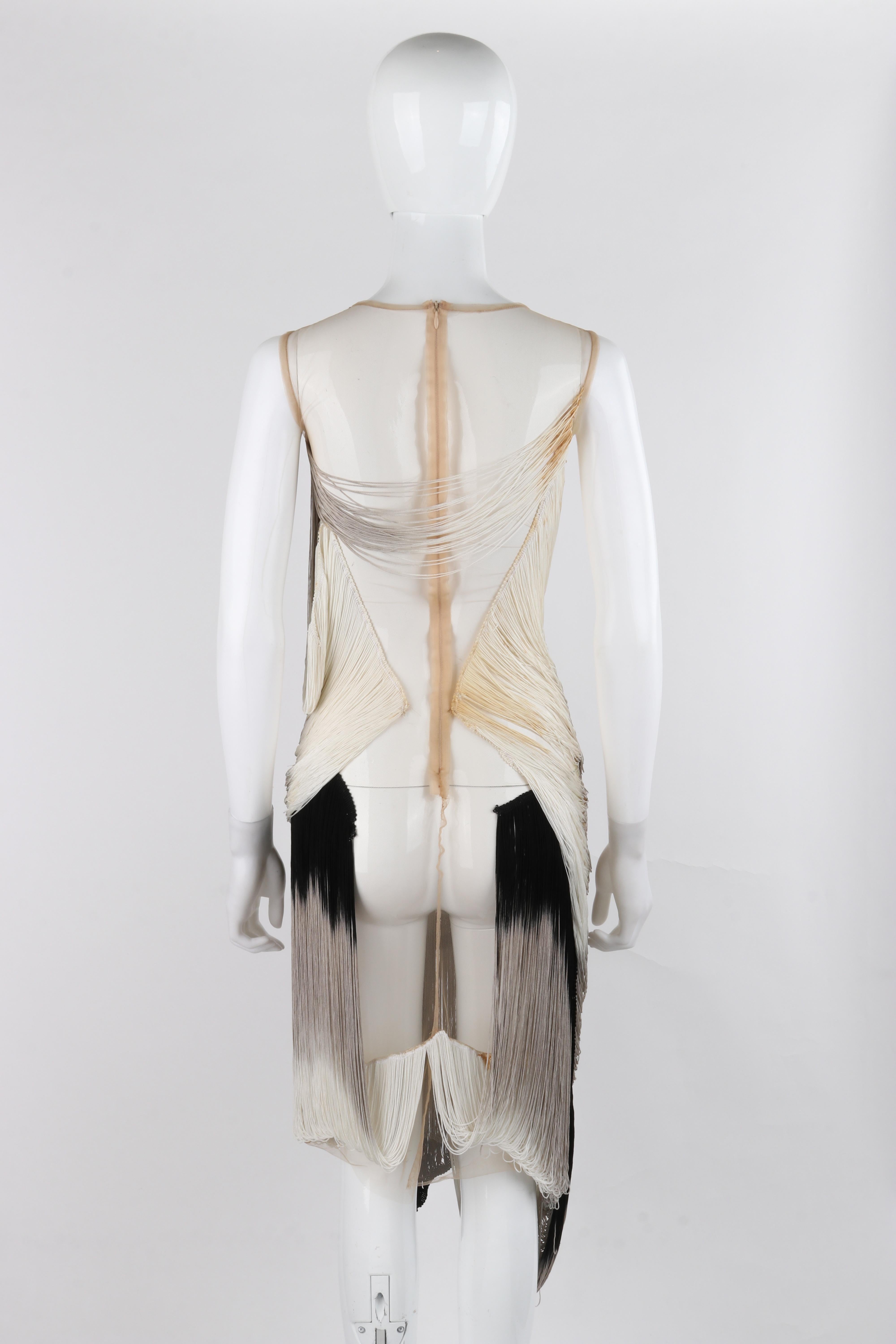 ALEXANDER McQUEEN S/S 2009 Black Gray Nude Mesh Tassel Fringe Draped Dress For Sale 2